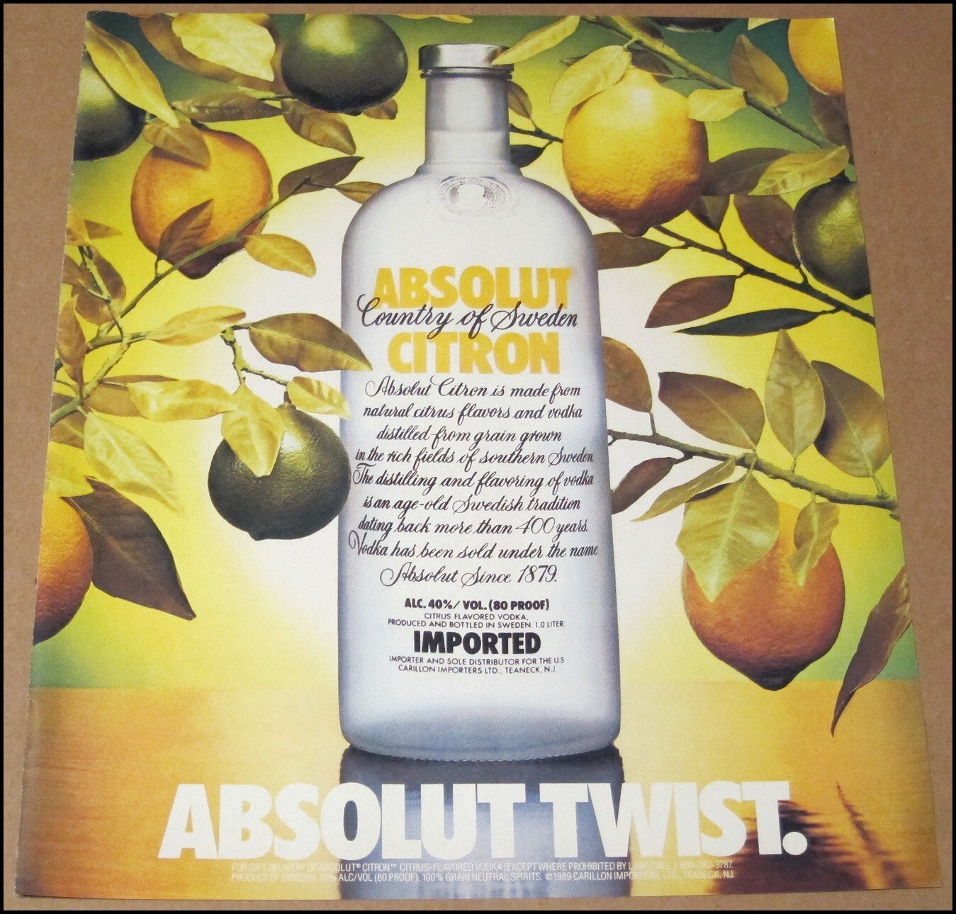 1989 Absolut Citron Vodka Absolut Twist Print Ad Advertisement Vintage 10\