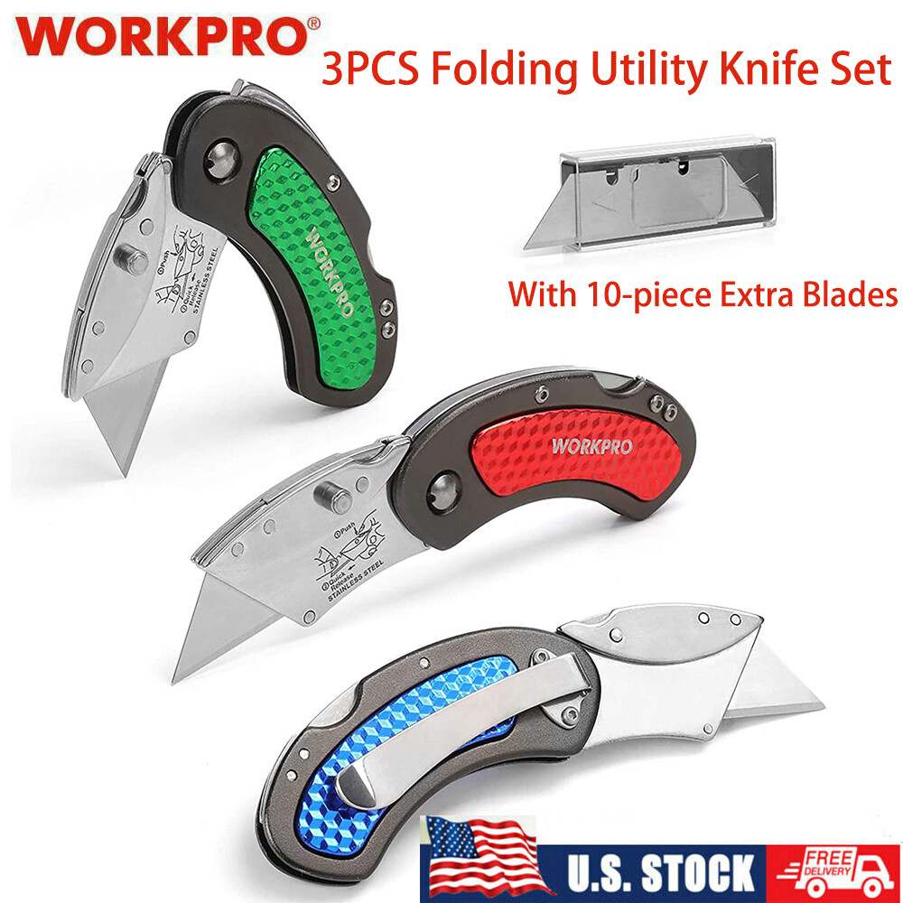 WORKPRO 3PC Folding Utility Knife Set Quick Change/Back-lock w/10PC Extra Blades