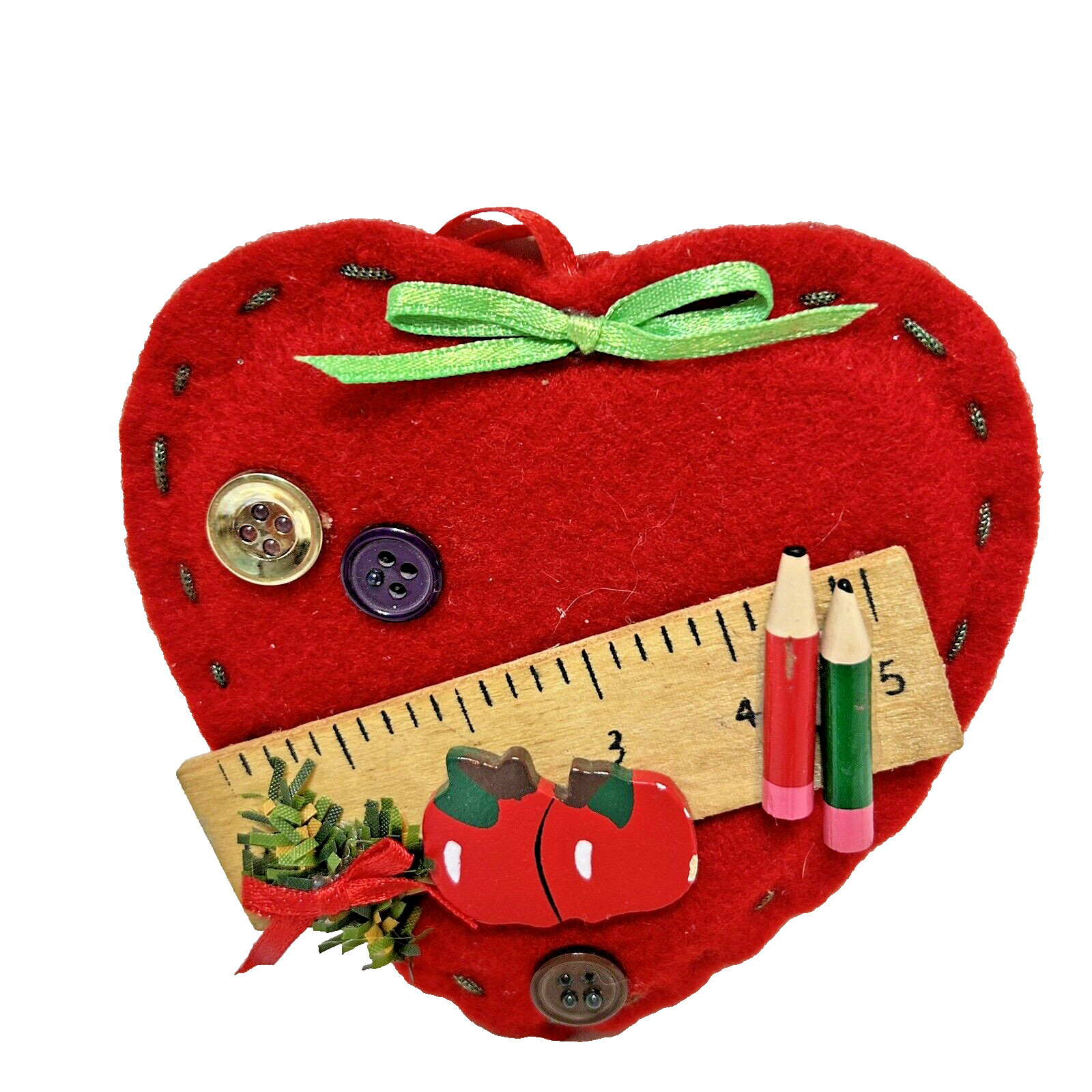 Vintage Handmade Red Felt Heart Christmas Ornament Teacher 4 x 4\