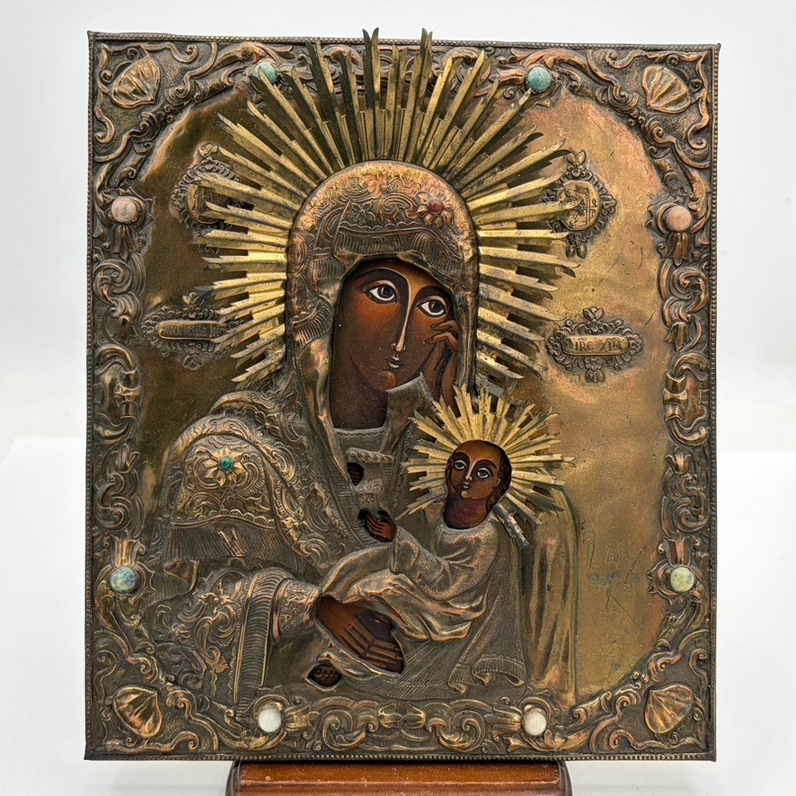 Vintage 19th century Russian Orthodox Icon Virgin And Child Jesus Velvet Backing