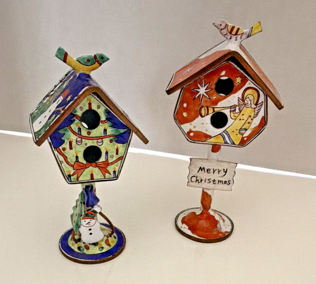 Lot 2 Vintage KELVIN CHEN Enamel Copper Mini Birdhouses Christmas Hand Painted