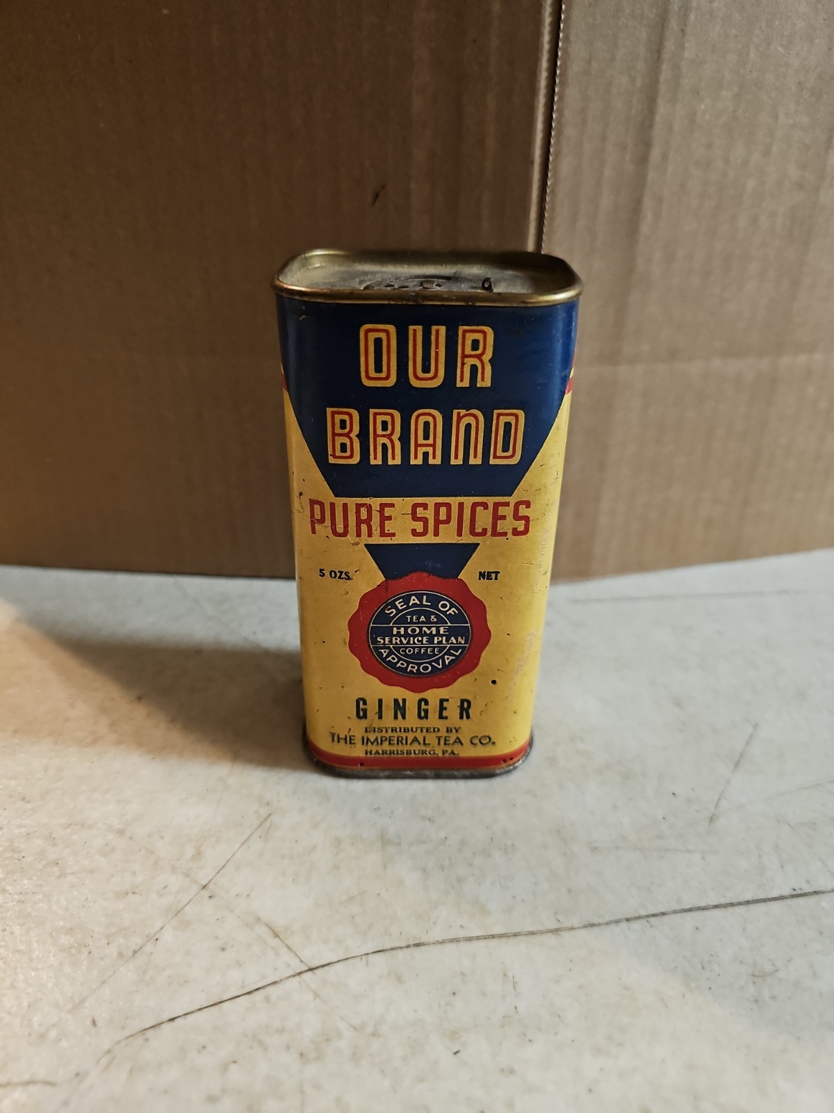 Vintage OUR BRAND Ginger SPICE TIN, IMPERIAL TEA Co. , HARRISBURG, PA