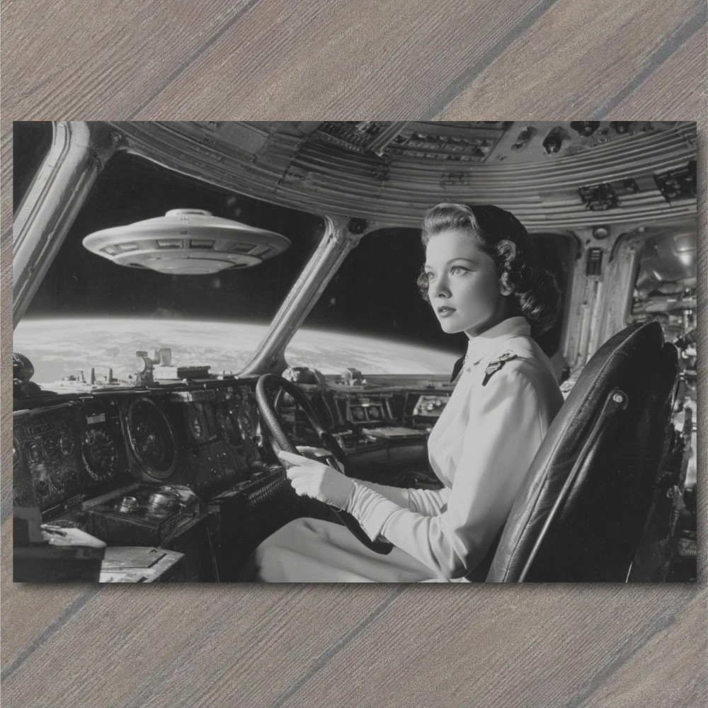 POSTCARD SciFi 1950s Lady Piloting Car Above Clouds UFO Invasion POSTCARD SciFi 1950s Lady Piloting Car Above Clouds UFO Invasion