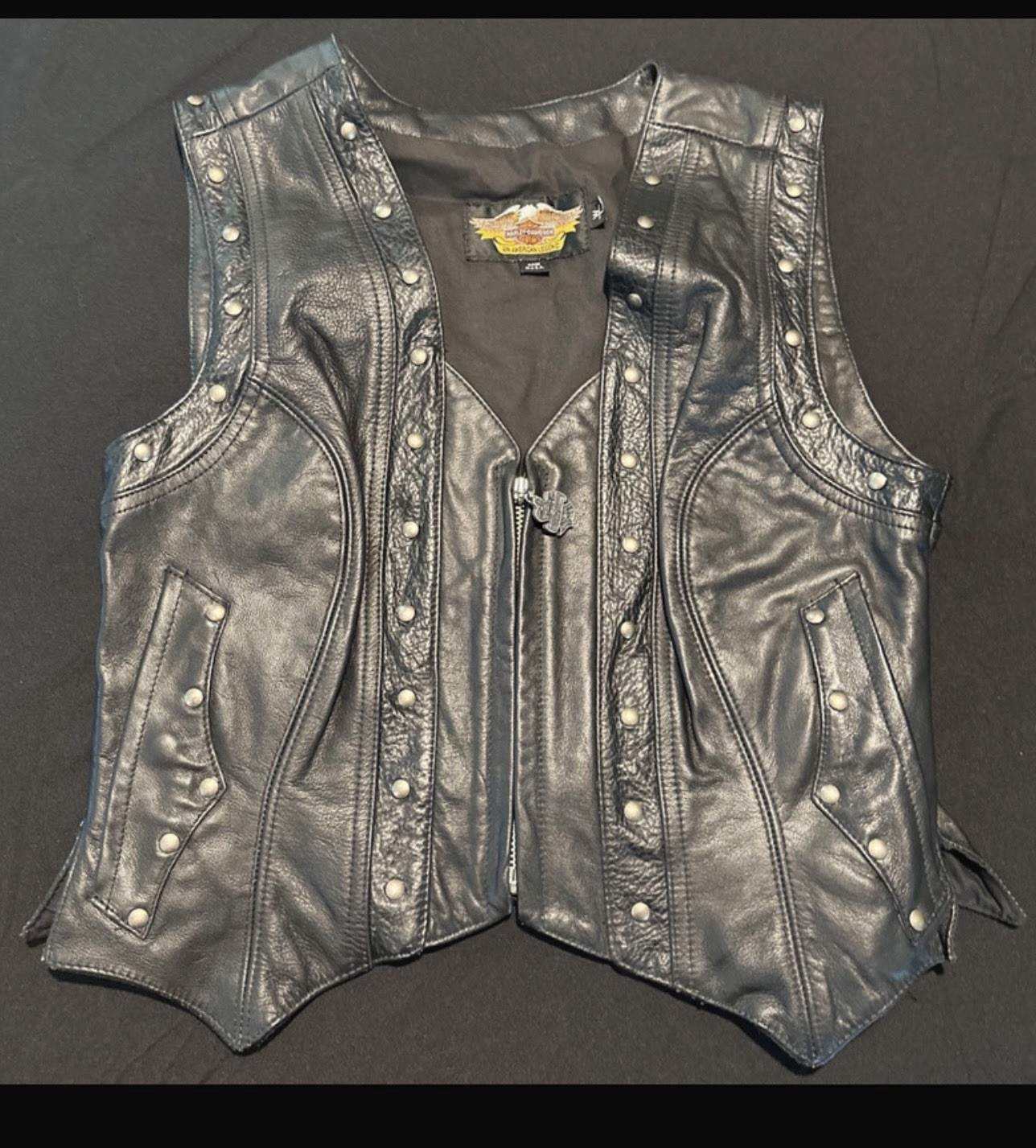 Harley-Davidson Black Leather Motorcycle Vest Studded Fringe Back Lace Sides