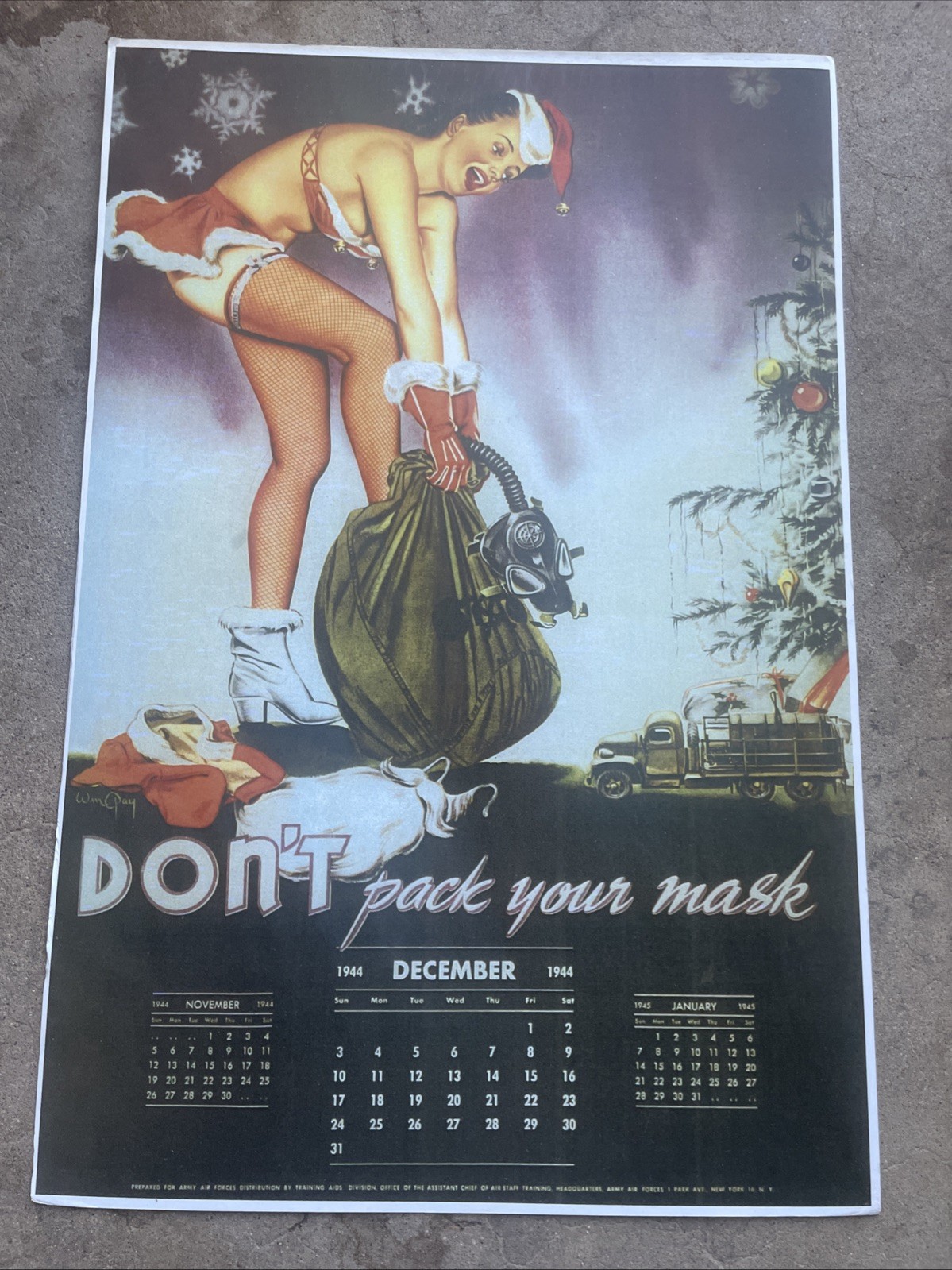 Vintage Dec 1944  Pinup Calendar Page Reprint “ Don’t Pack Your Mask”