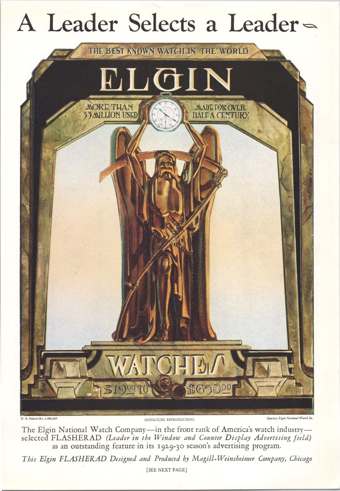 1929 Elgin Watch Flasherad Flashing Sign Vintage Print Ad Art Father Time