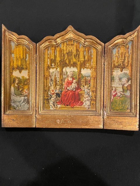 Vintage Malvagna Triptych wooden folding 3 Part Madonna + Child GOLD Gorgeous