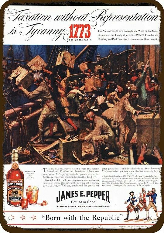 1940 JAMES PEPPER Whisky Boston Tea Party Vnt-Look DECORATIVE REPLICA METAL SIGN