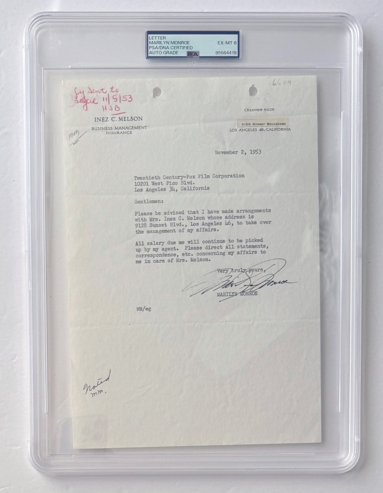 MARILYN MONROE Signed Letter to 20th Century Fox PSA/DNA Authentic EX-MT 6;C215