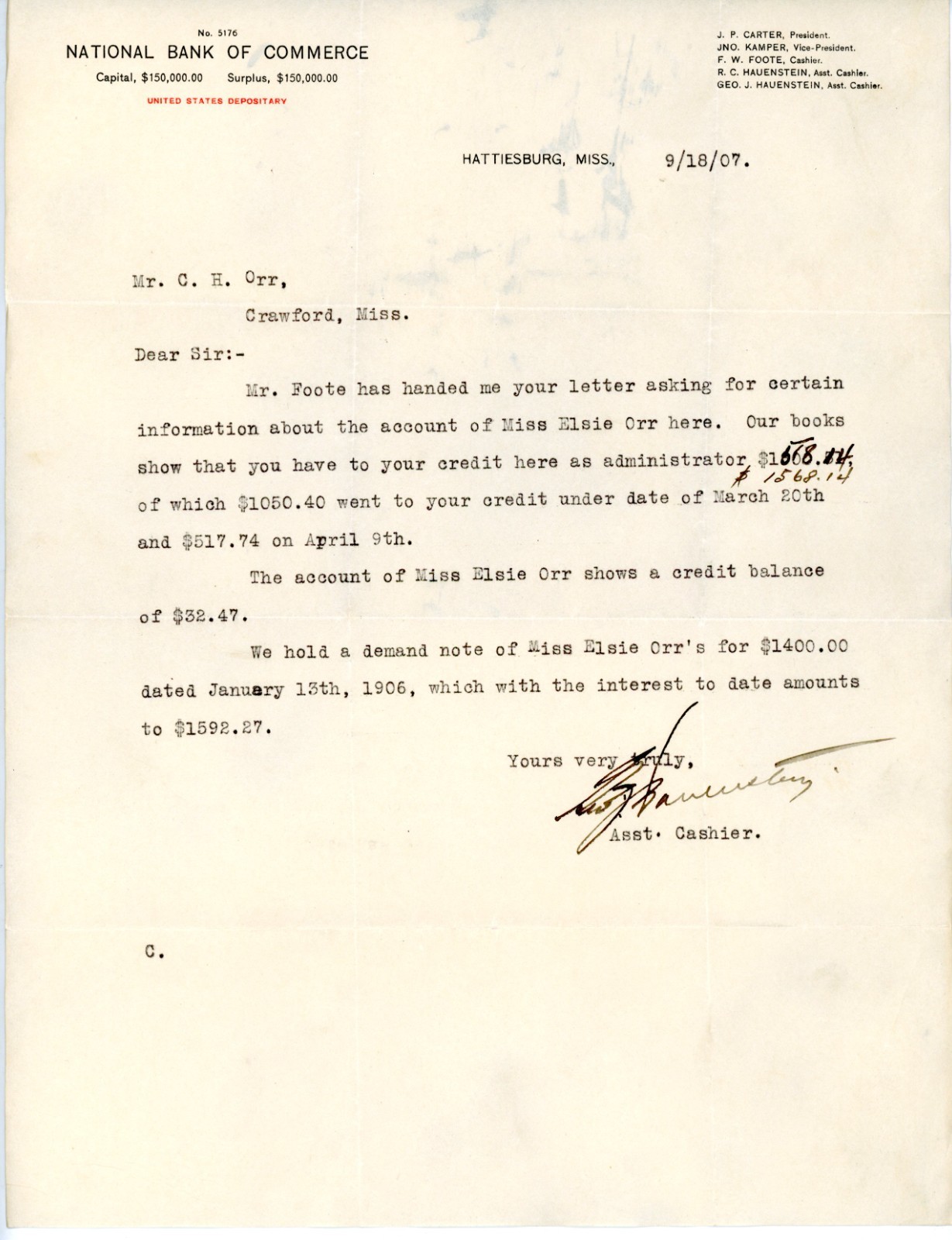 1907 National Bank of Commerce Letter Hattiesburg, Miss signed R. C. Hauenstein