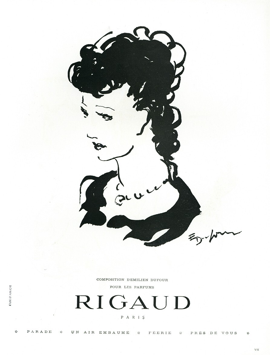 1946 Rigaud Perfume Vintage Cosmetics Ad - Emilien Dufour Illustration B&W Paris