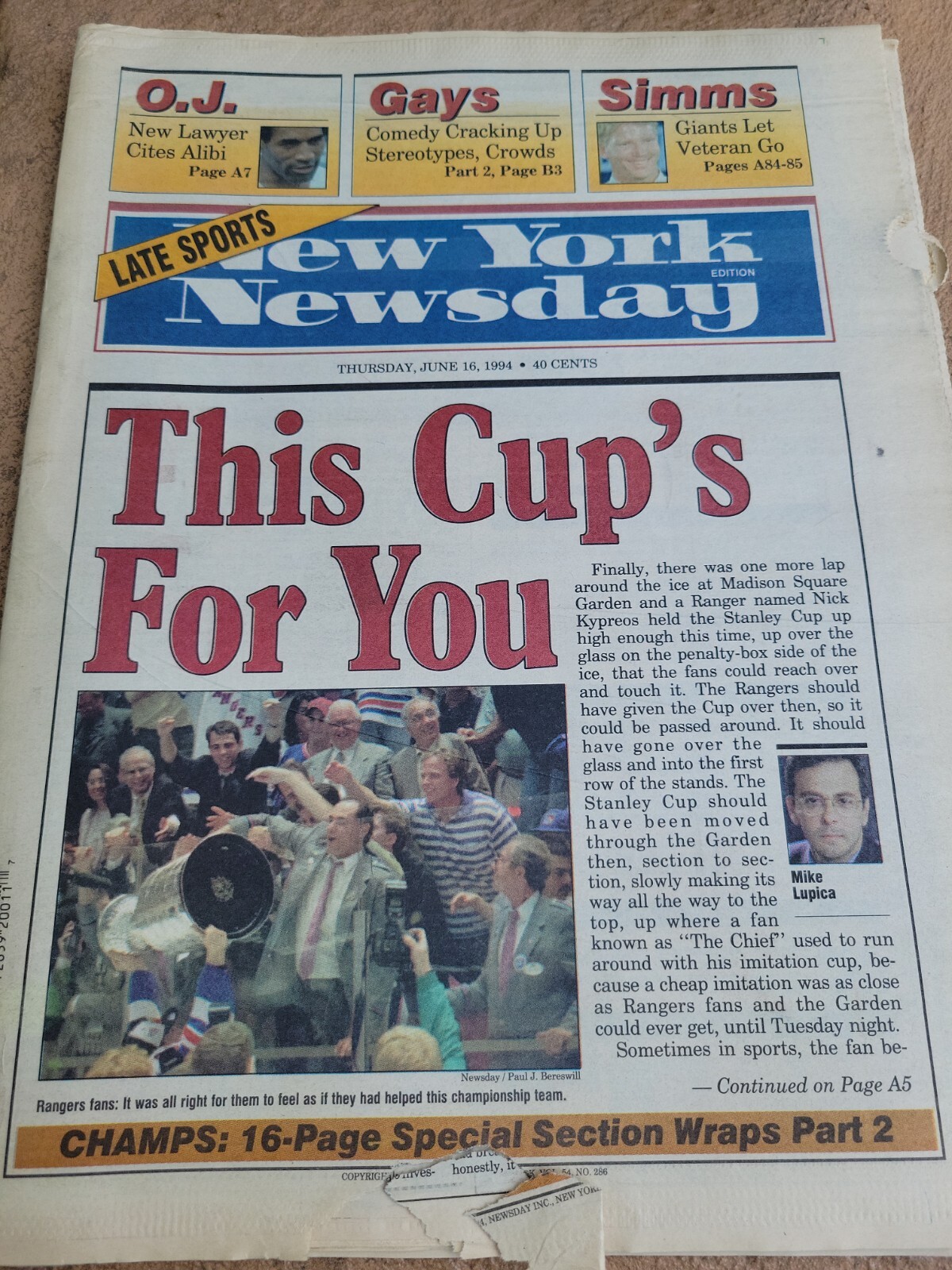 New York Newsday June 16 1994 Rangers Stanley Cup OJ Simpson late sports edition New York Newsday June 16 1994 Rangers Stanley Cup OJ Simpson late sports edition