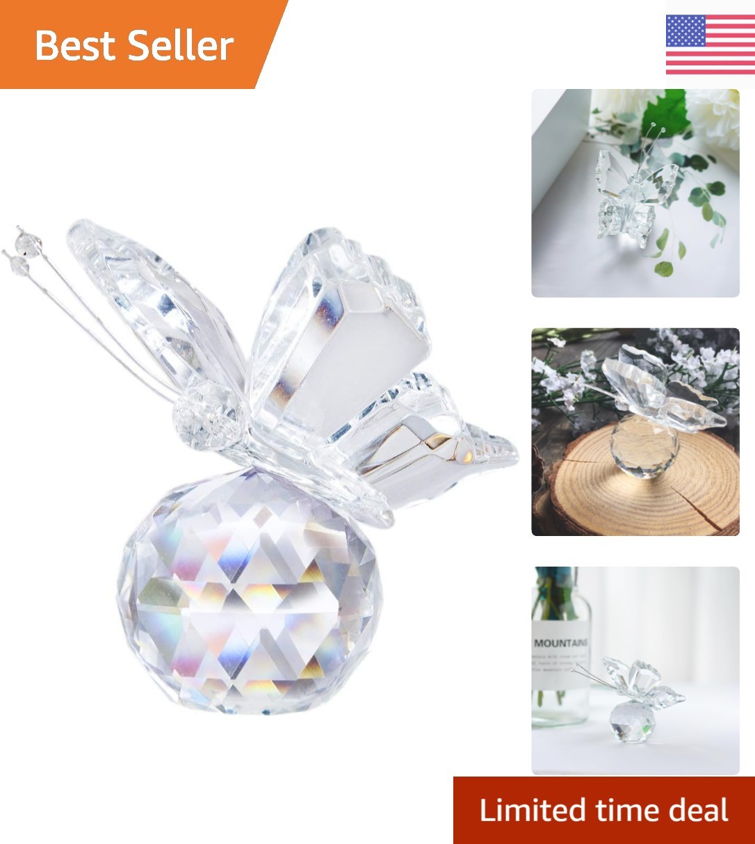 Lifelike Clear Crystal Butterfly with Ball Base - Collectible Glass Ornament