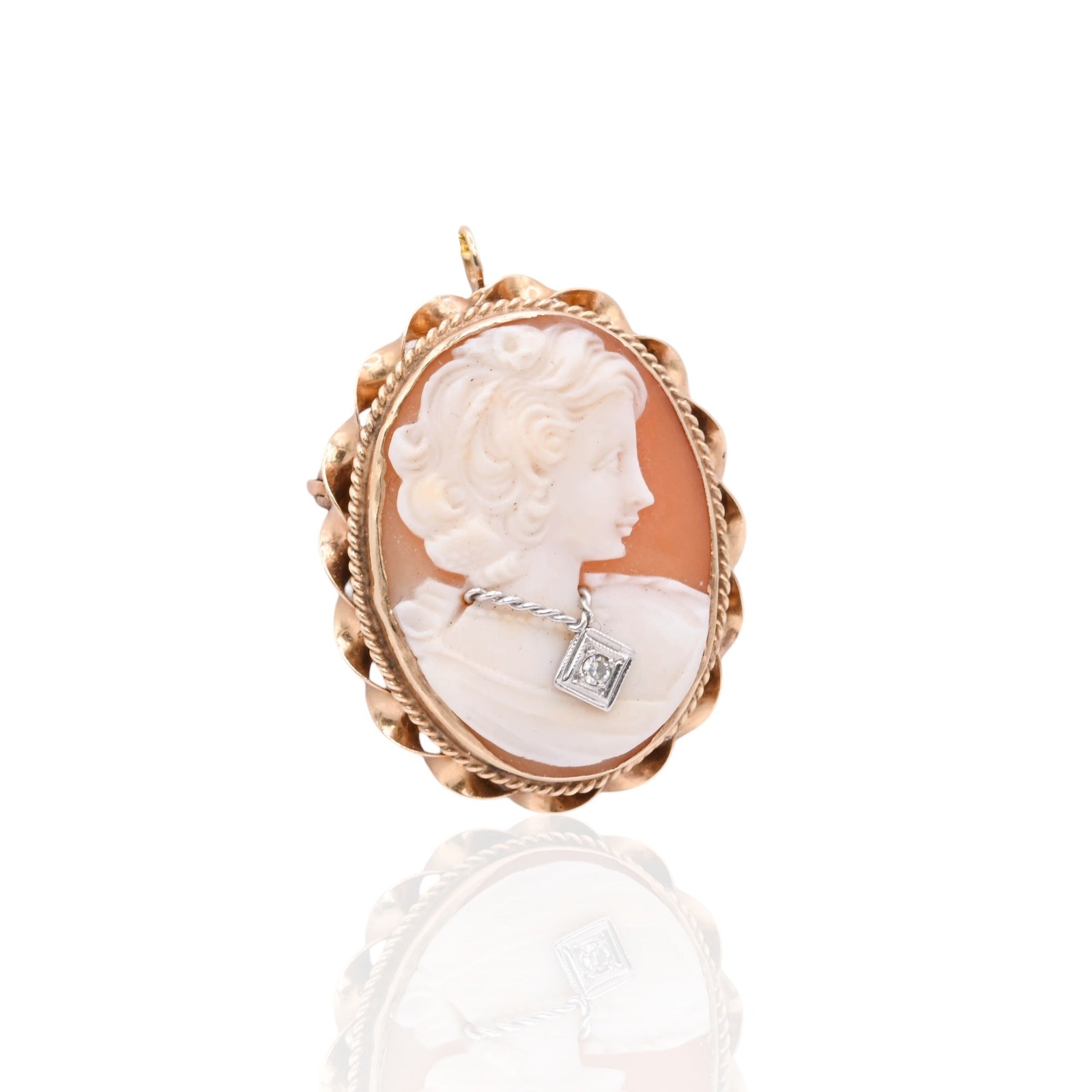 Lady in Necklace Cameo Pendant with Diamond 14K Yellow Gold with Pin Backing