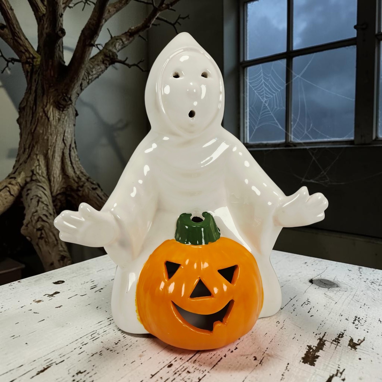 VTG Ceramic Spooky Halloween Ghost Candle Holder Jack-O-Lantern Pumpkin 10\ VTG Ceramic Spooky Halloween Ghost Candle Holder Jack-O-Lantern Pumpkin 10\