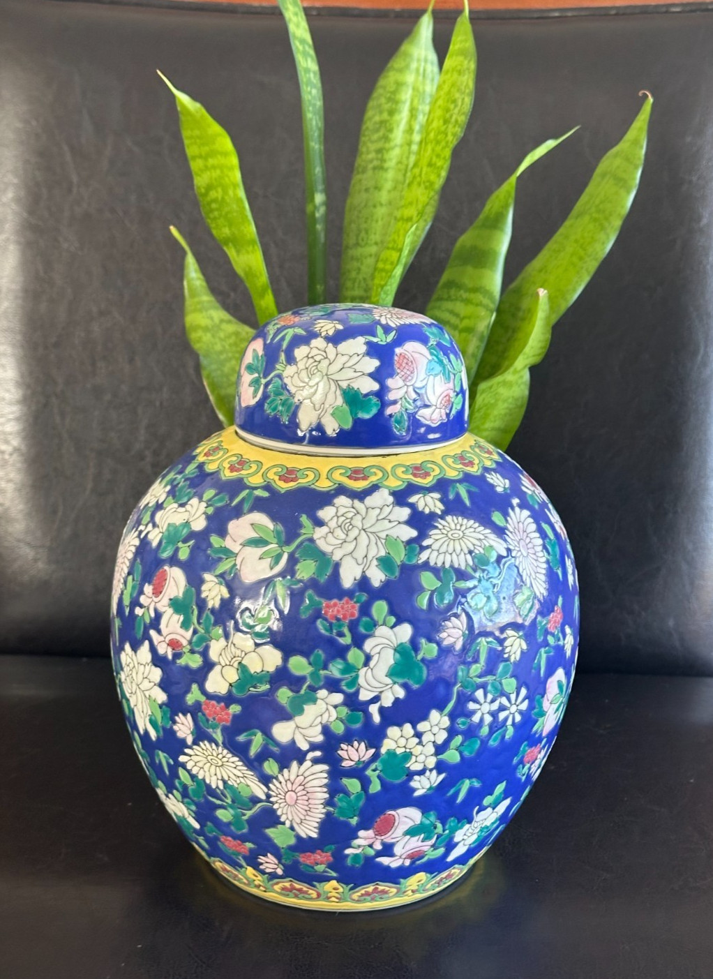 Vintage Cobalt Blue Ginger Jar Hand Painted Raised Relief Chinoiserie 1950s