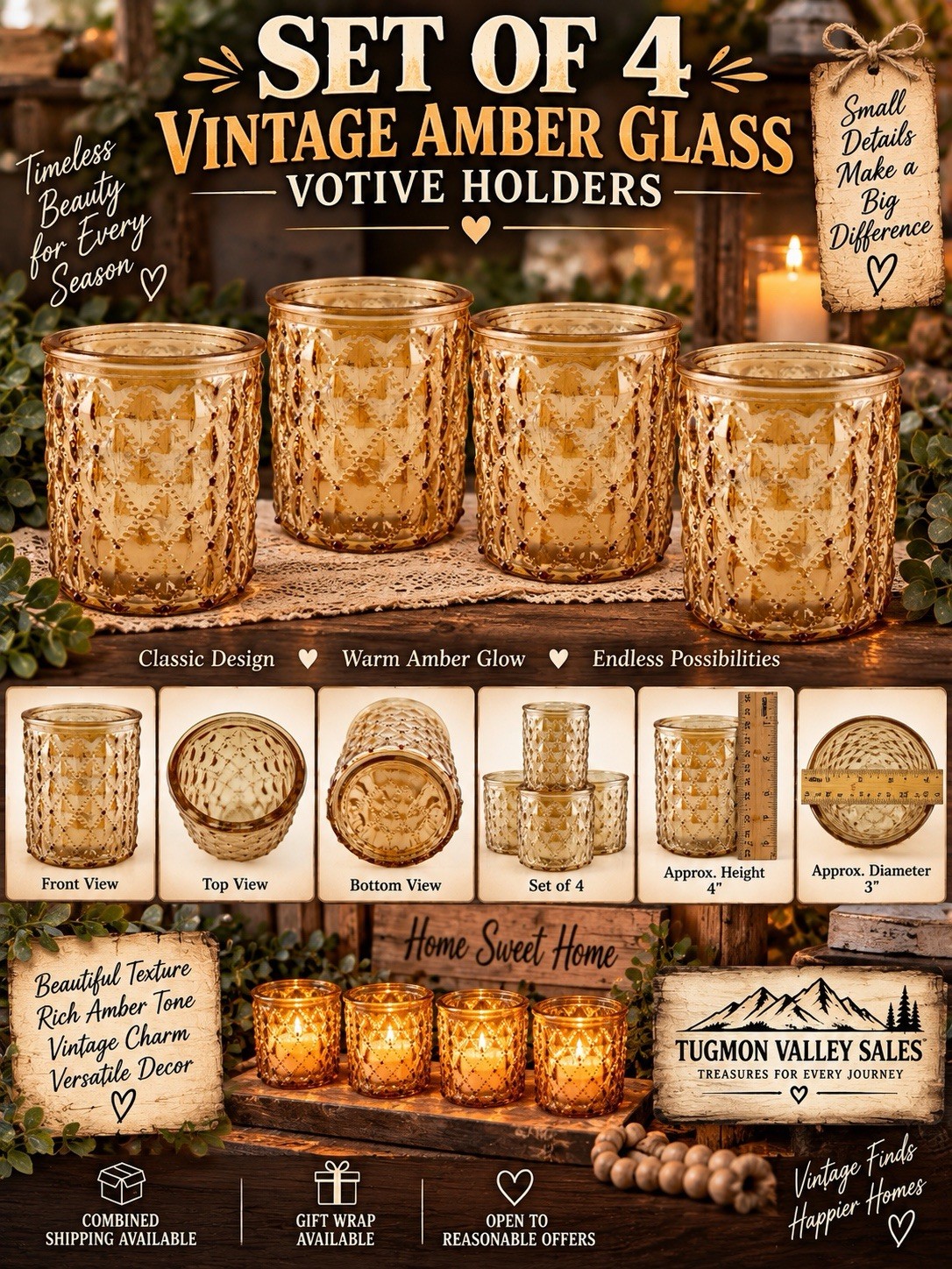 Set of 4 Vintage Amber Glass Votive Candle Holders Textured Diamond 4x3”