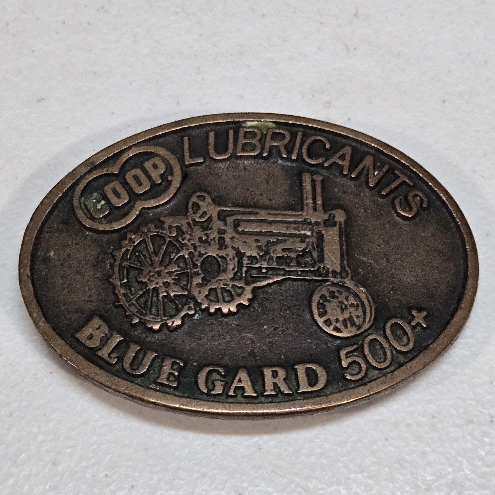John Deere Co Op Lubricants Blue Gard 500+ Brass Vintage Brass Belt Buckle