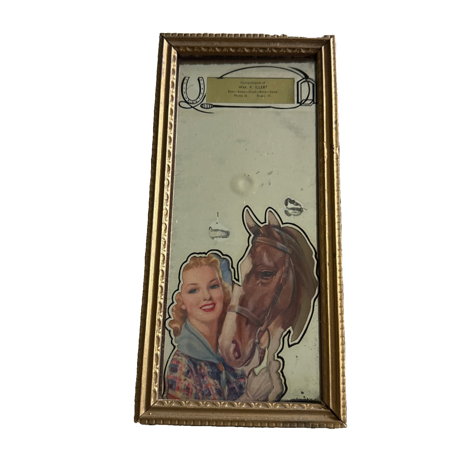 Vintage Reverse Glass Advertising Sign Wm F Illert Dupo IL Girl Horse Framed