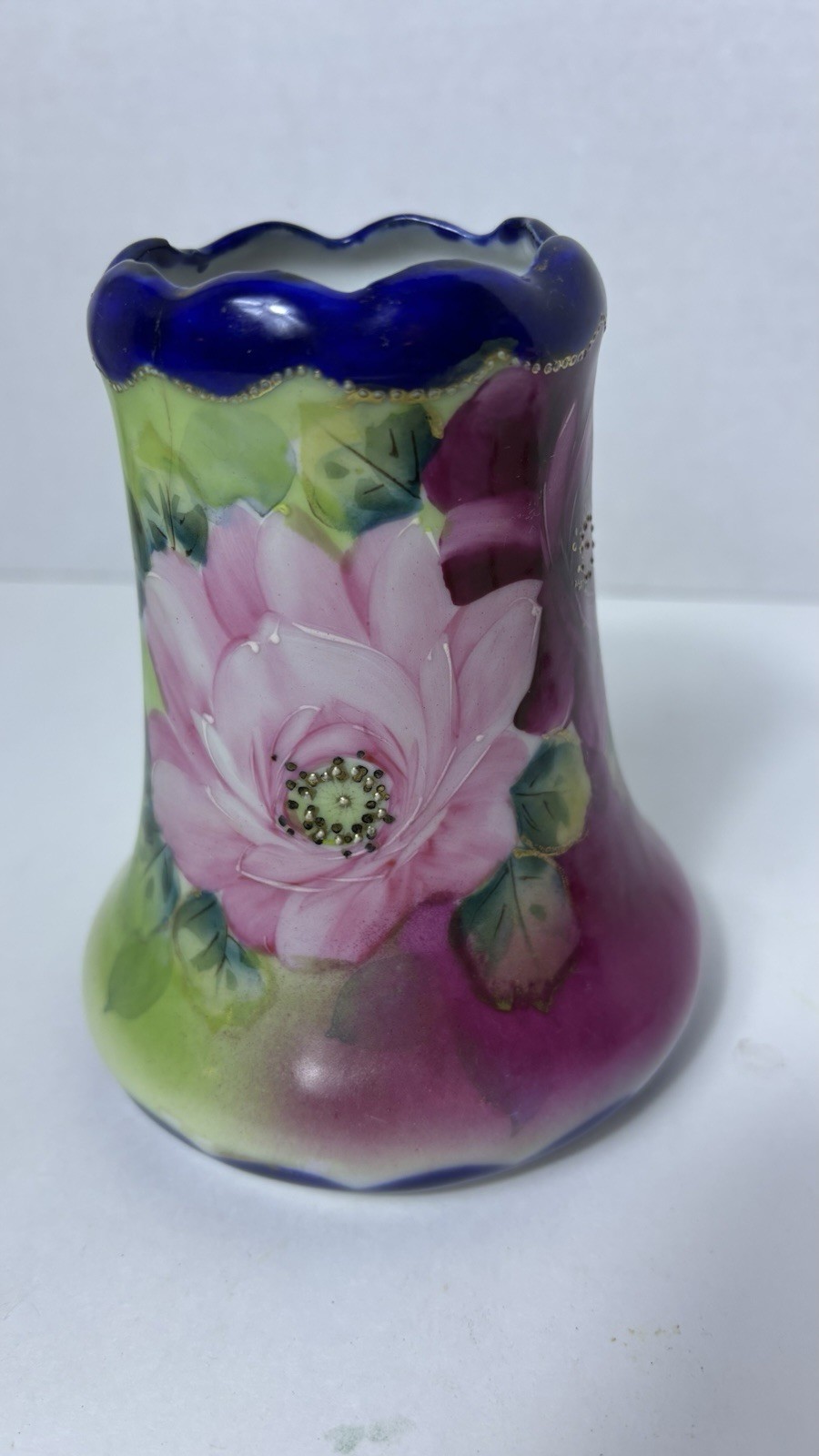 Antique Victorian Colbalt Blue Trim Floral Spooner  Vase 3D Guilded