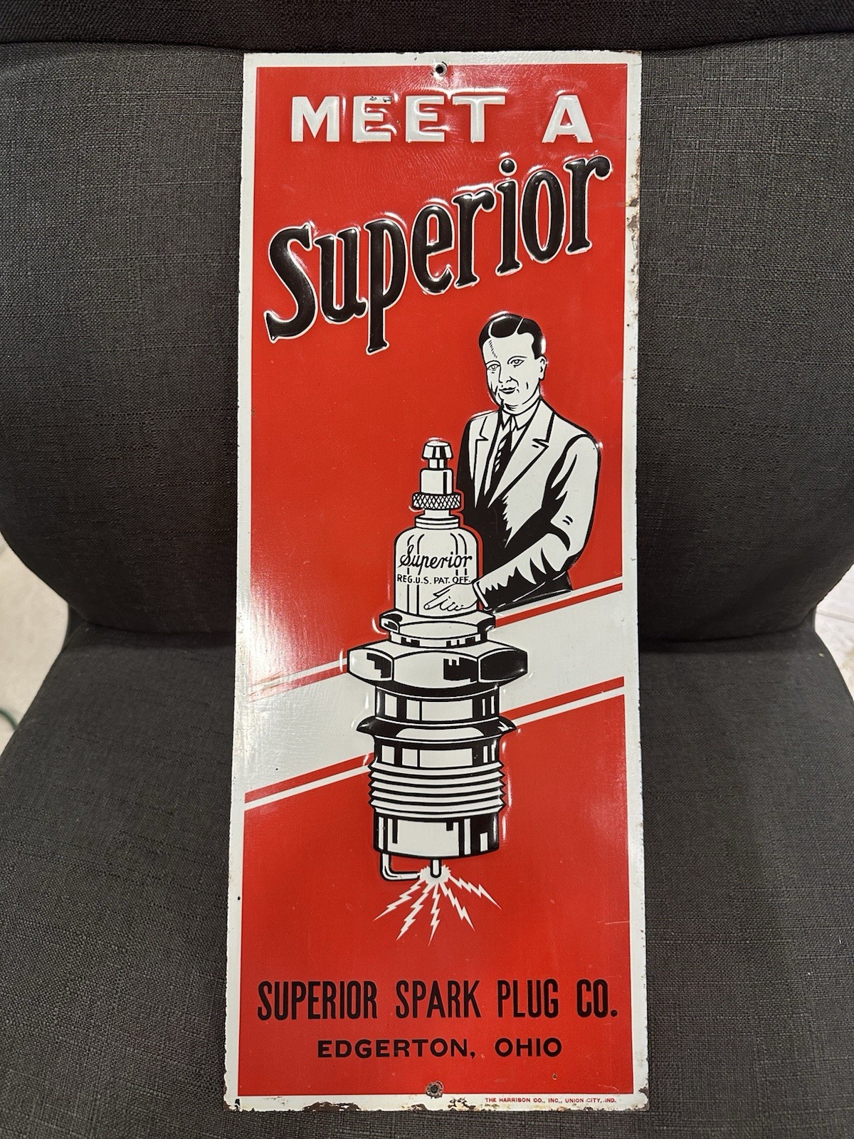 Vintage SUPERIOR SPARK PLUG Painted Metal Tin Sign Original Rare AC Embossed