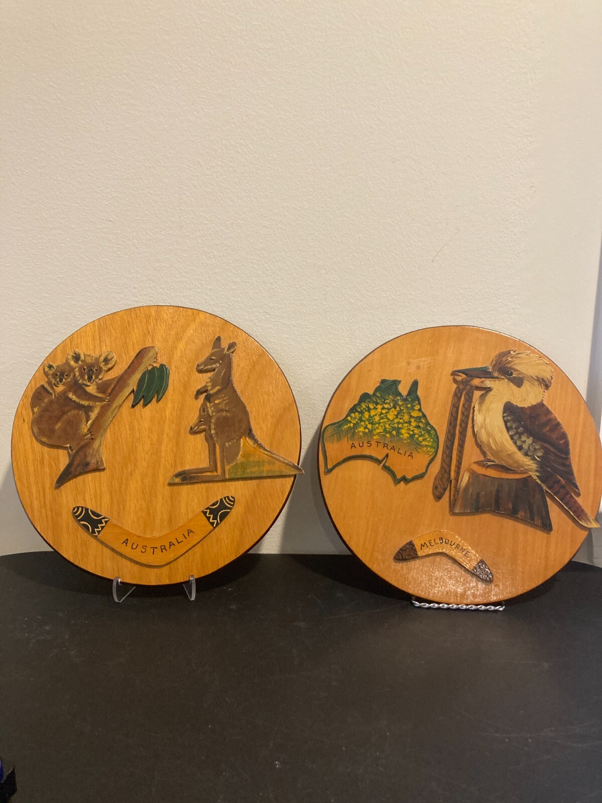 Vintage Australian Hand Painted Wooden Wall Plaques Koala Kookaburra Set 2