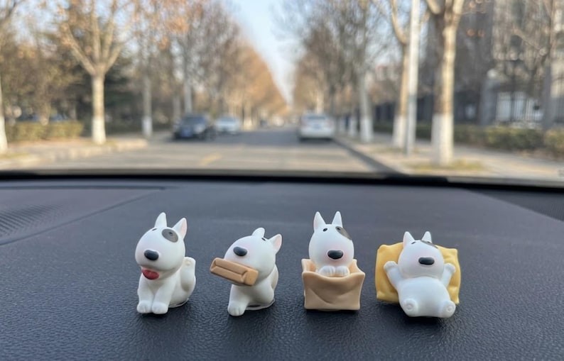 Bull Terrier Car Dashboard Figurine Set Kawaii Puppy Screen Decor 4Pcs