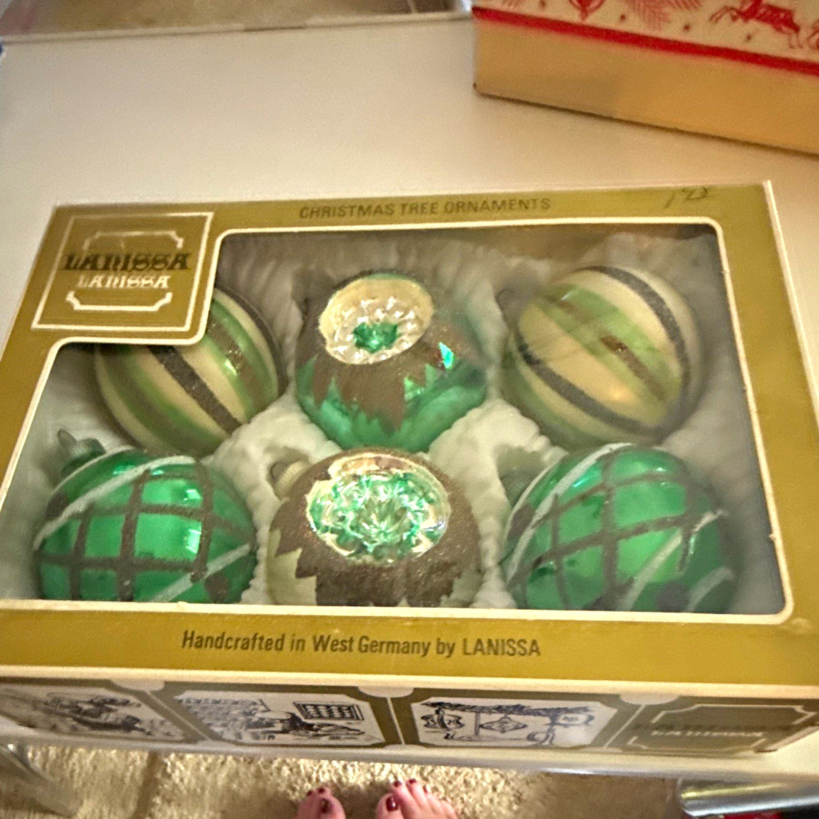 Lanissa Handmade Green Striped Glass Ball Christmas Ornaments Set of 6 W Germany