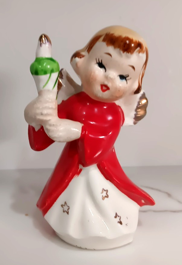 Vtg Ceramic Christmas Angel Girl w/ Candle Figurine Red mark Japan VGC 3.5\