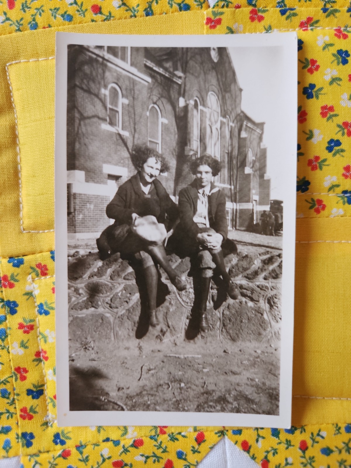 VTG B&W Snapshot Photo 1930s Two Women Sitting Rock Wall School Outside