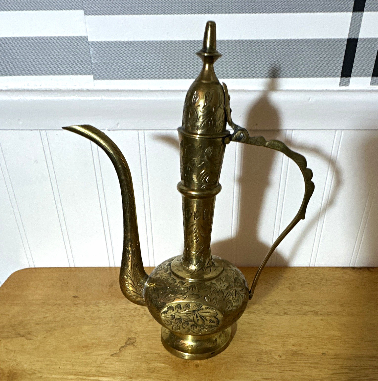 Vintage Harilela’s India Brass Ewer Pitcher Hand Engraved Floral 10”
