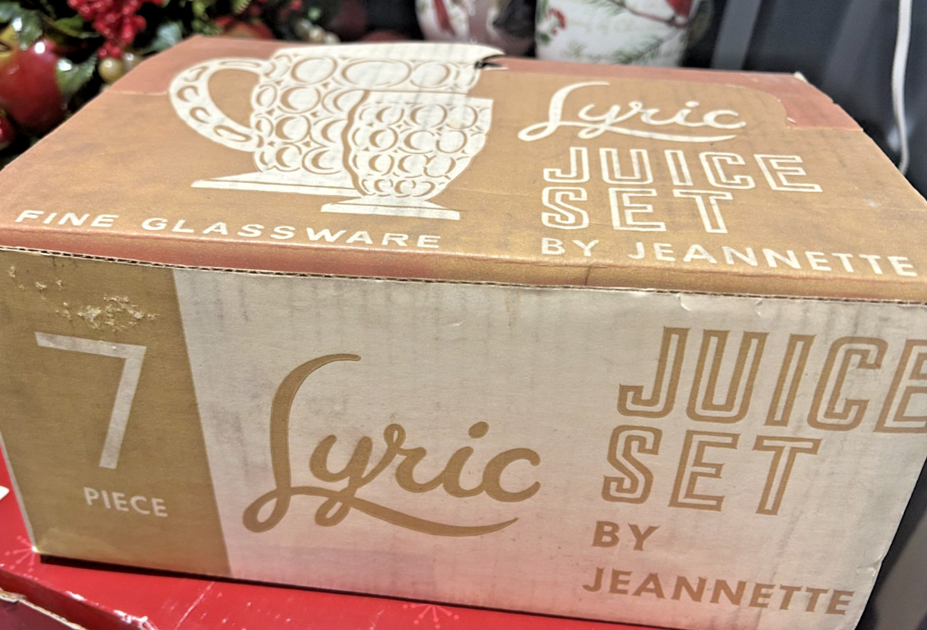 Vintage Jeannette Lyric Juice Set 7 Piece NOS in Original Box – Mid Century Glas Vintage Jeannette Lyric Juice Set 7 Piece NOS in Original Box – Mid Century Glas