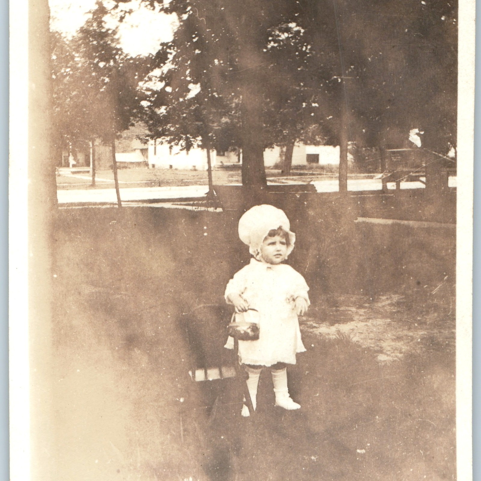 1921 Dobson Toddler Easter Basket Cute Bonnet Dress Childhood Snapshot Photo 4\