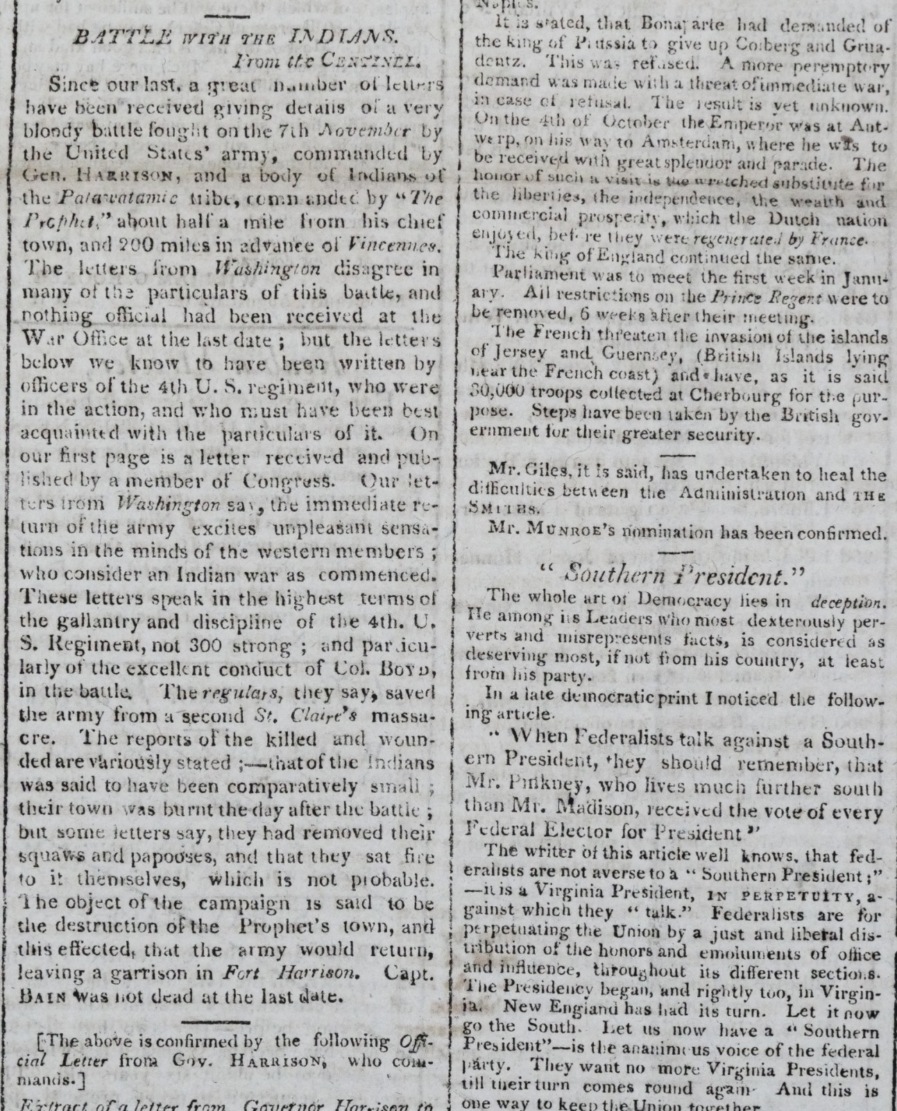 1811 TIPPECANOE Battle Newspaper James Monroe Signed Article William H Harrison