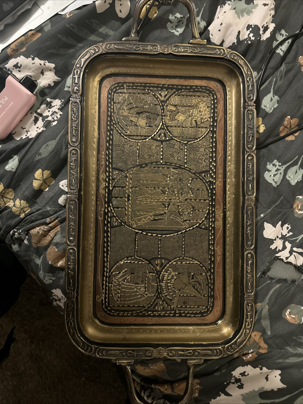 Vintage Signed Egyptian Cairo Ware Brass Copper Tray 18” Mid Century Hand Chased