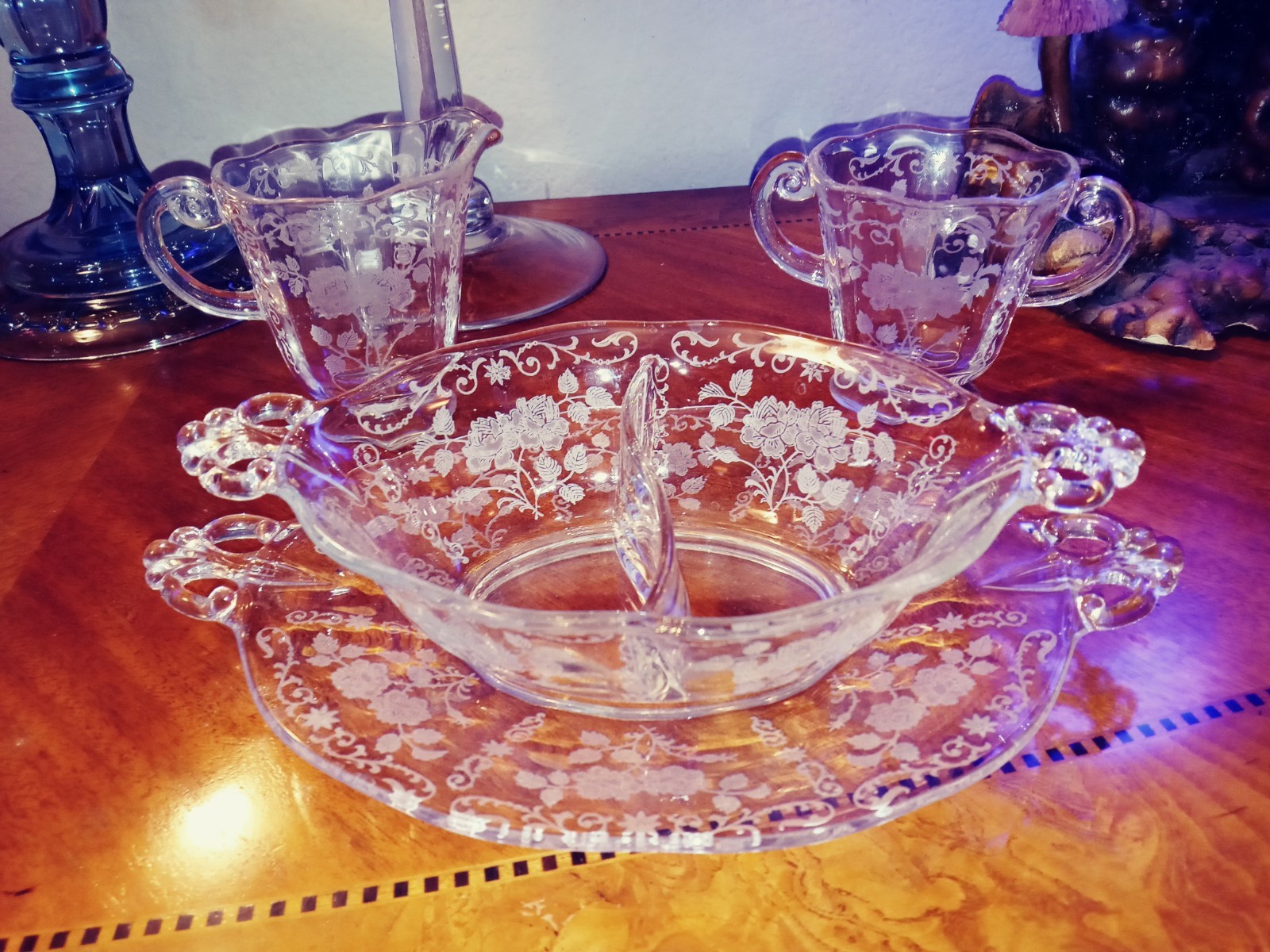 Fostoria Midnight Rose Relish Dish Serving Platter Creamer Sugar Etched Glass-4 Fostoria Midnight Rose Relish Dish Serving Platter Creamer Sugar Etched Glass-4