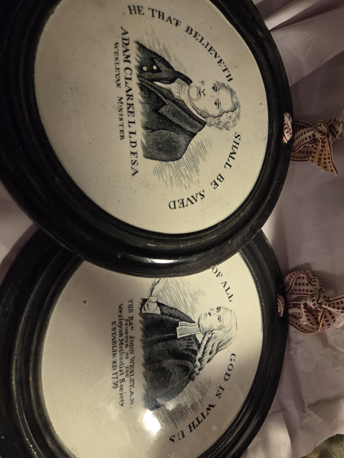  Sunderland Pearlware Methodist Plaques John Wesley Adam Clarke... Antique Rare 