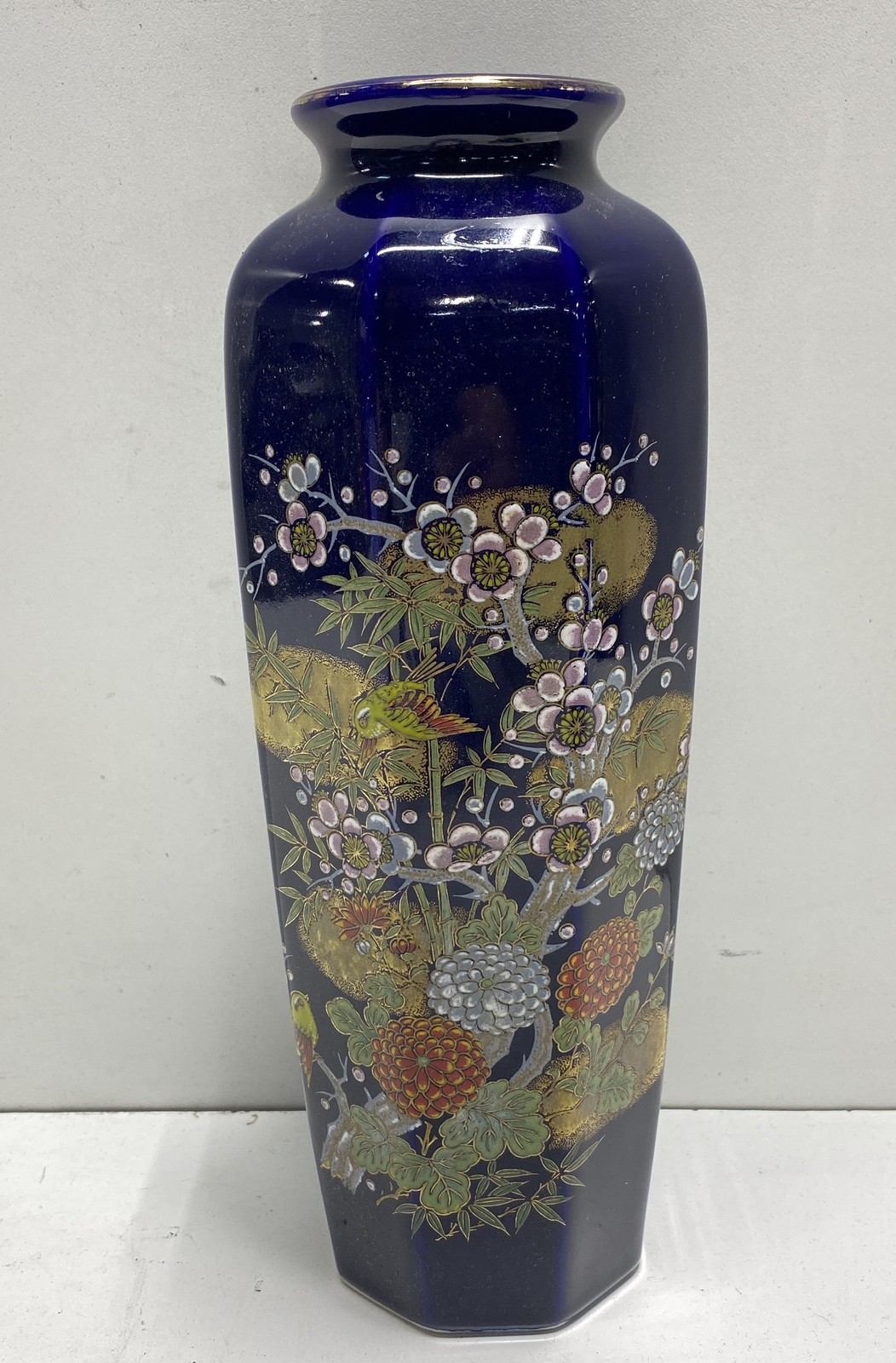 Meito Japanese Hexagonal Vase Cobalt Blue Gilt Porcelain Bird Flower Vintage