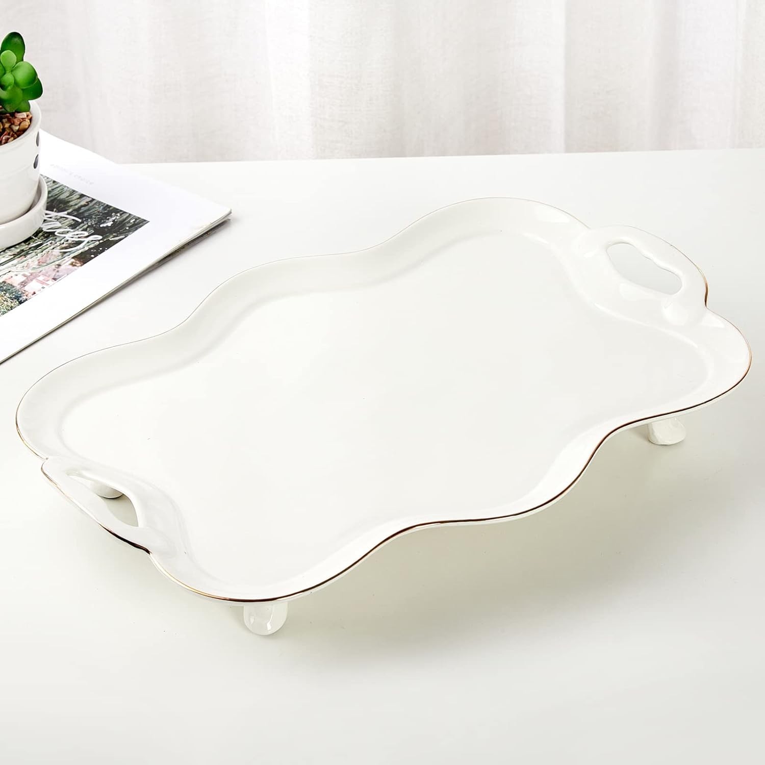 DUJUST Porcelain Serving Tray with Handles, British Style Tea Tray with Rim