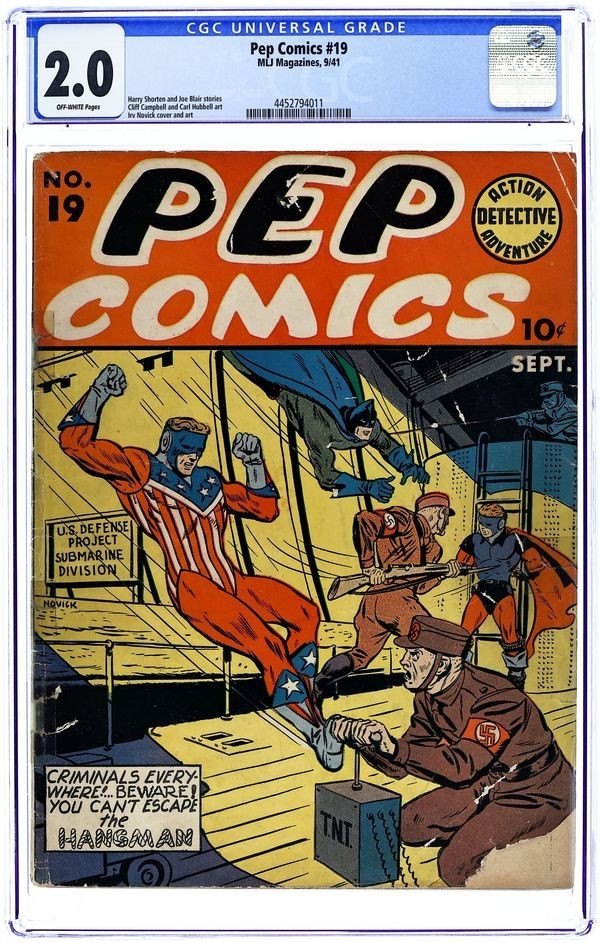 Pep Comics #19 / 1941 WW2 Cover / CGC 2.0 / The Shield was pre-Captain America