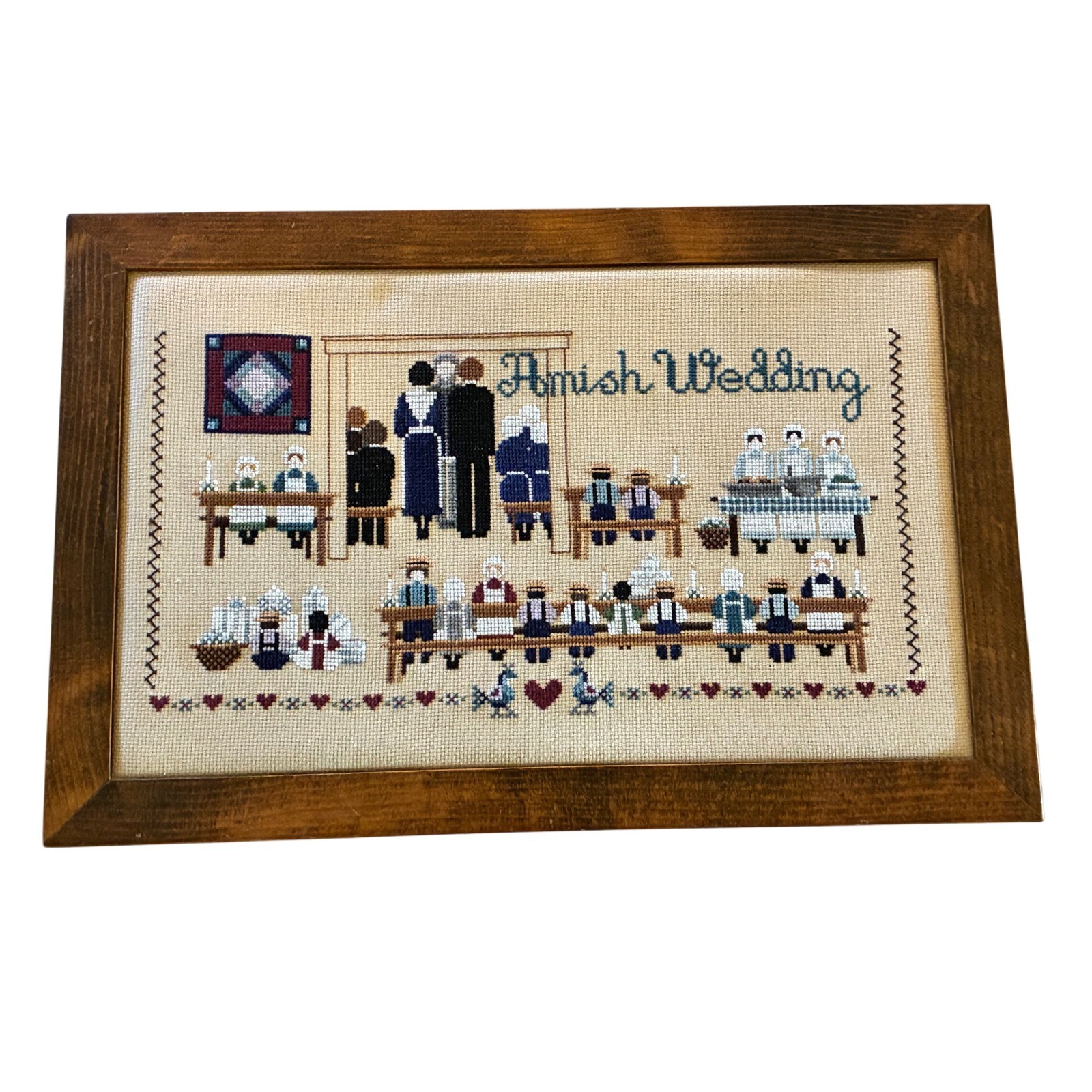 VTG Amish Wedding Cross Stitch Framed Folk Art Needlepoint Cottagecore 13x19\ VTG Amish Wedding Cross Stitch Framed Folk Art Needlepoint Cottagecore 13x19\