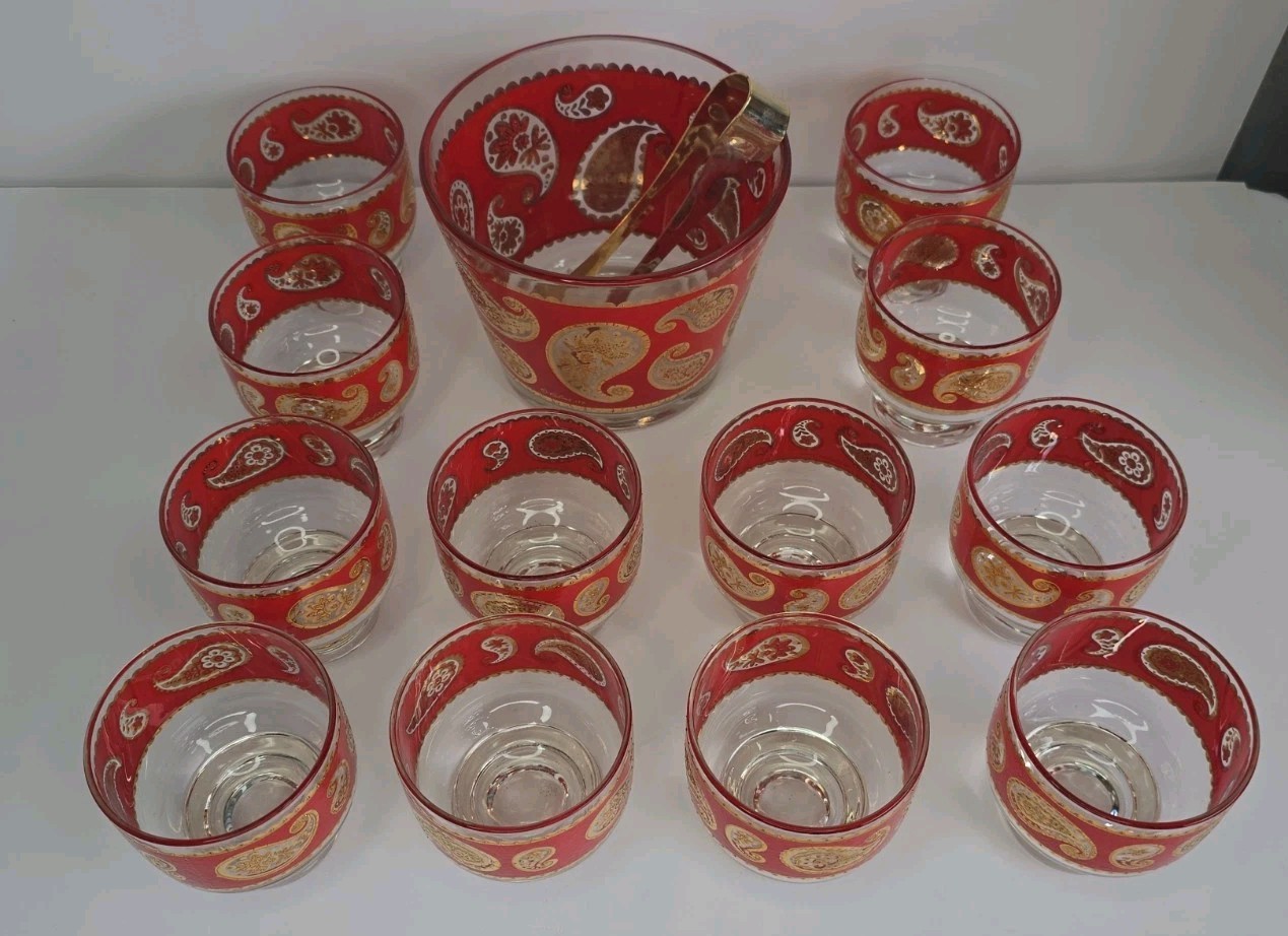Vintage Culver Paisley Red Gold 14 Pc Barware Set 12 Glasses Ice Bucket Tongs MC