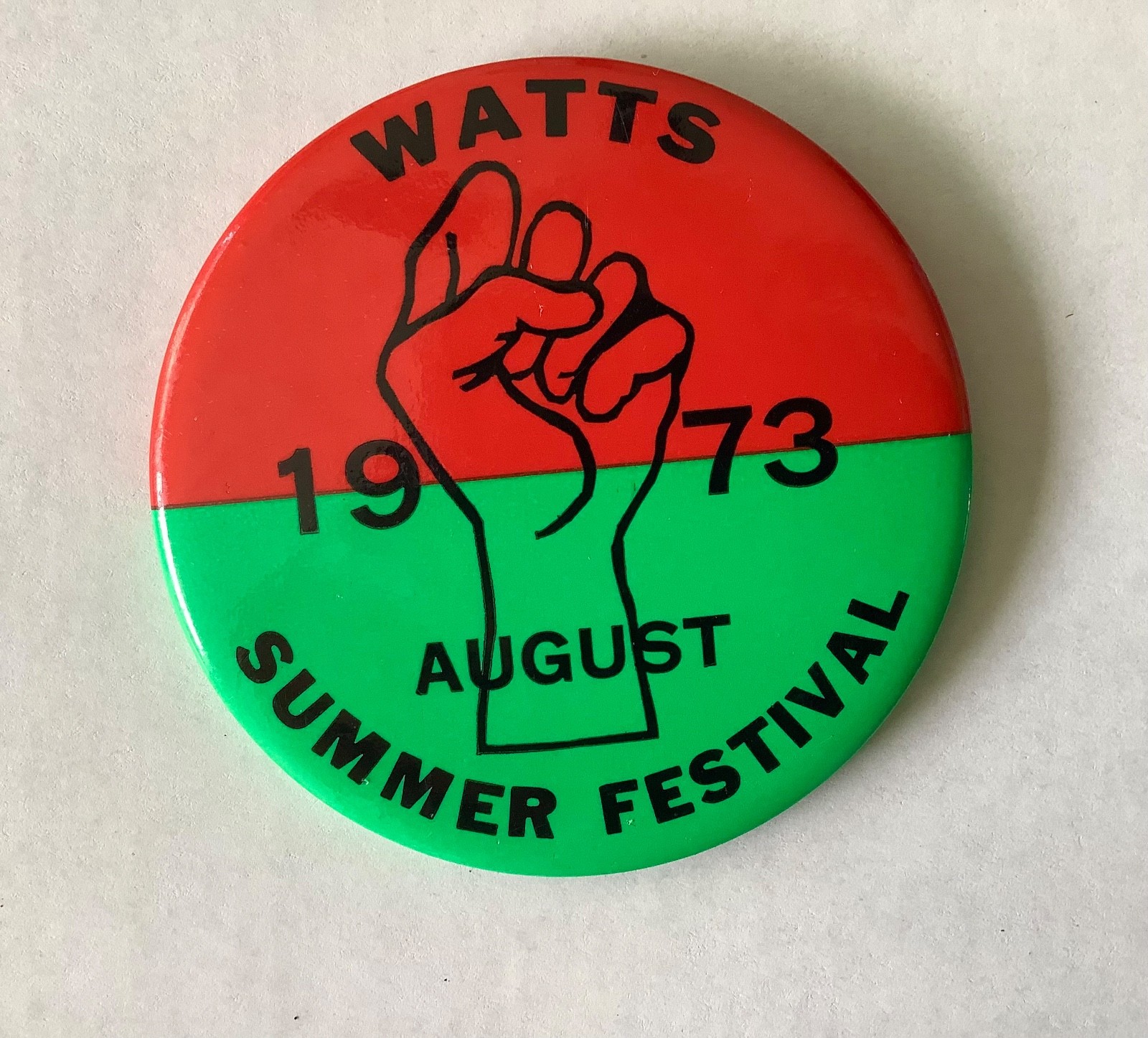 Vintage Watts Summer Festival August 1973 pin back button Black Pride