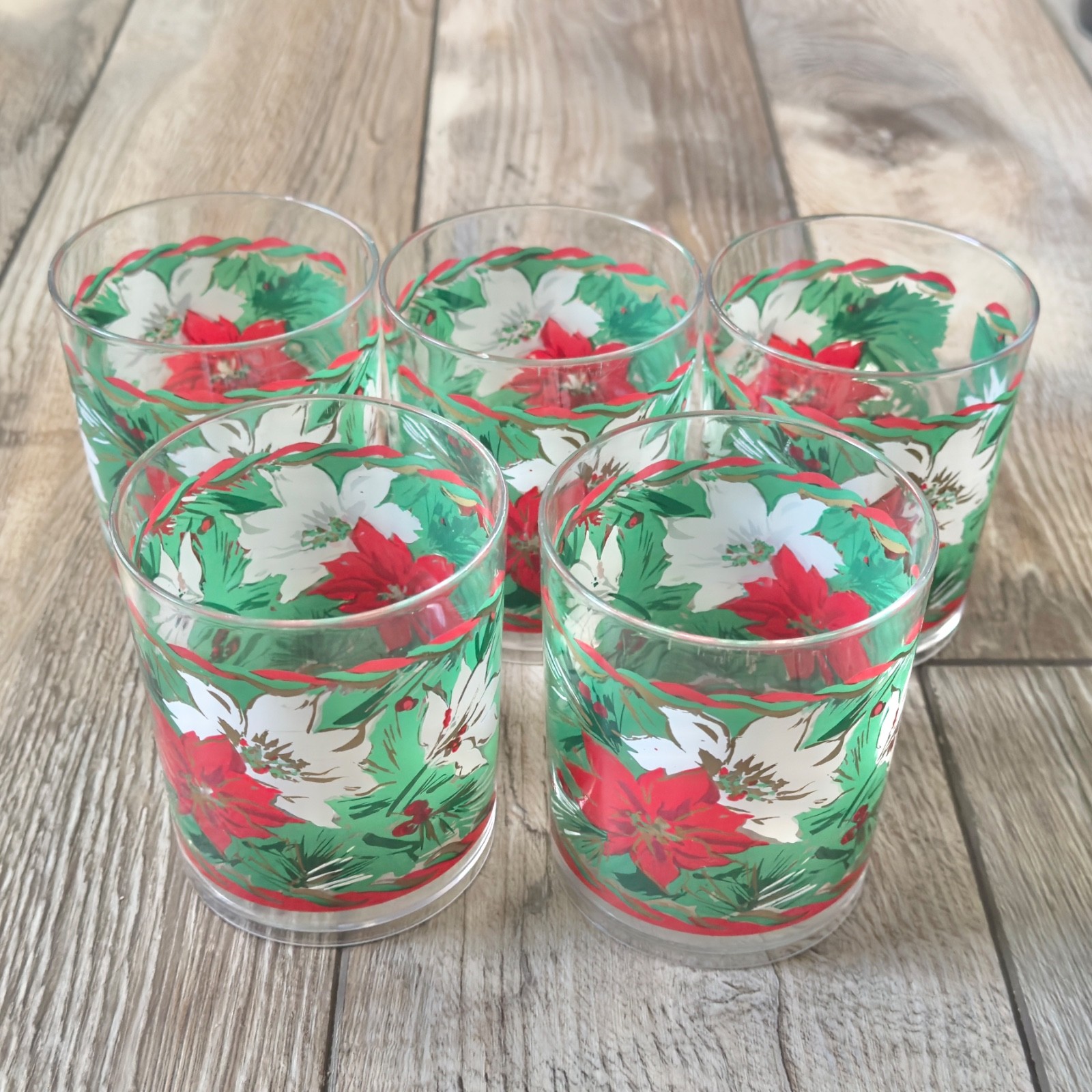 Vintage Thermo-Serv Plastic Christmas Poinsettia Low Ball Glass Cup USA Lot of 5