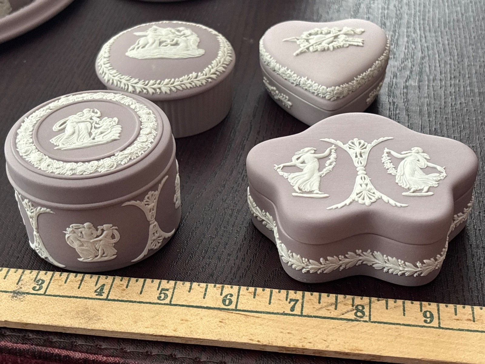4 Wedgwood lilac lavender covered trinket ring boxes