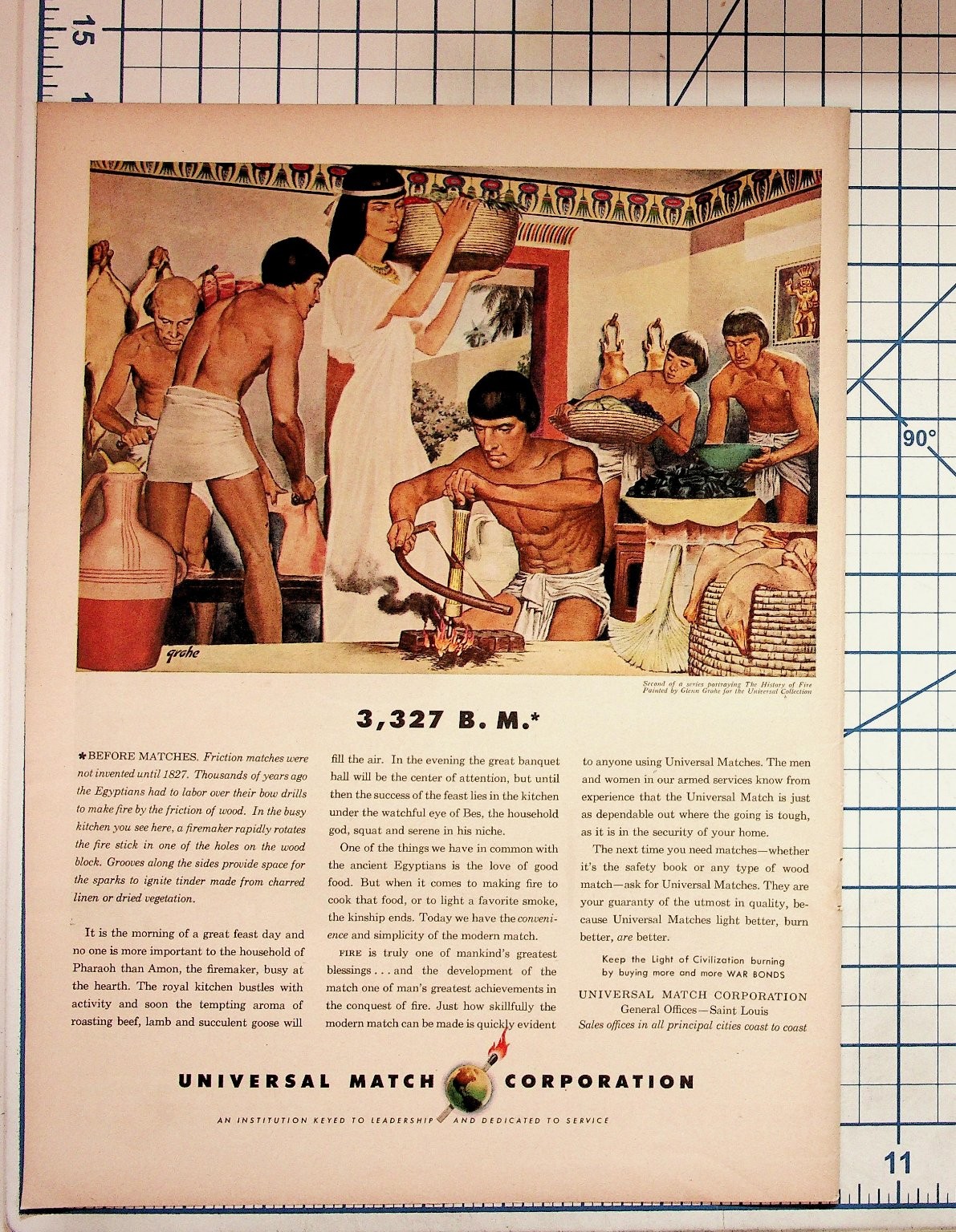 1944 Universal Match Ad Ancient Egypt History of Fire Gideon Grobe St Louis