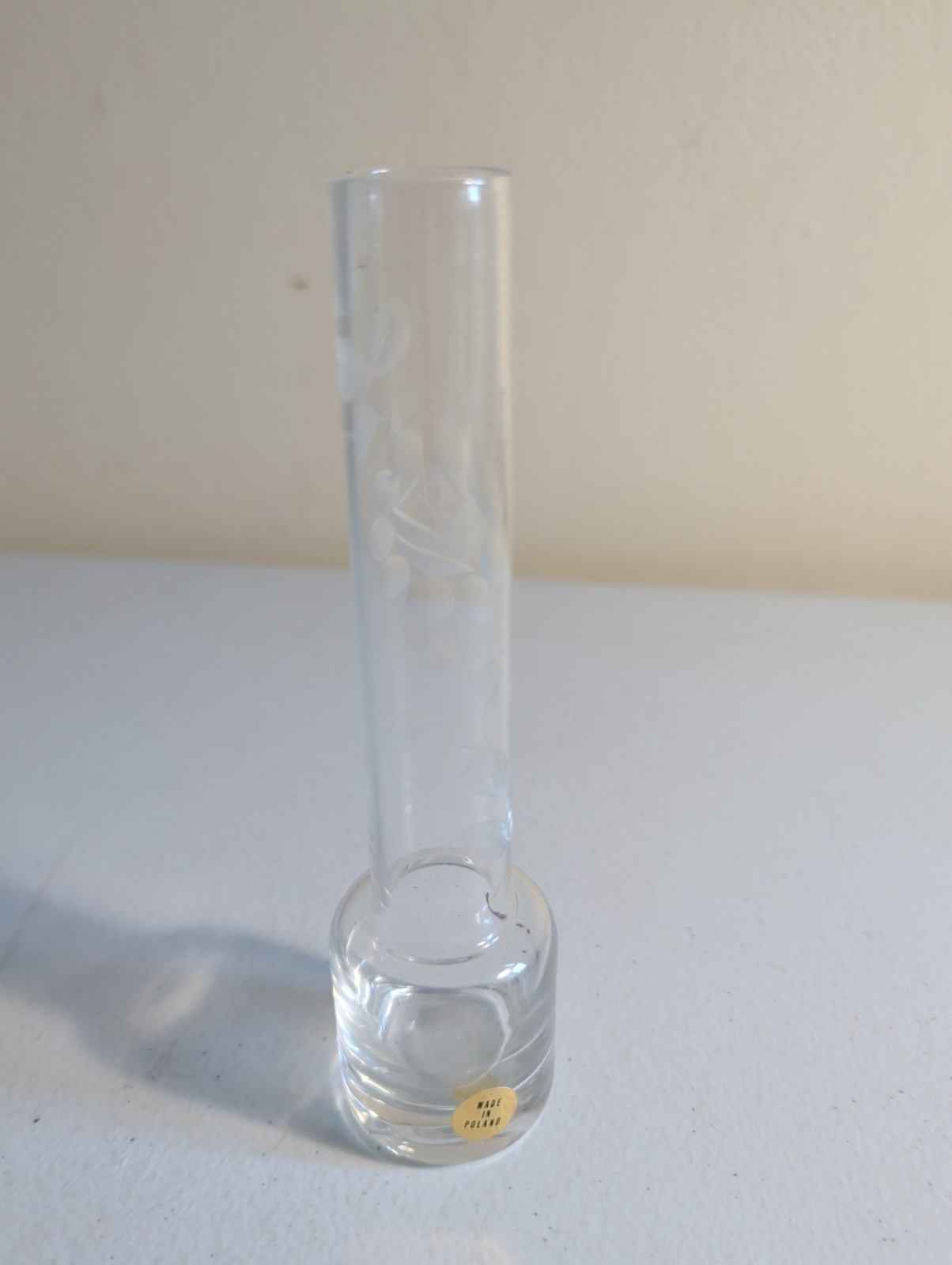 Vintage Made in Poland Clear Glass Bud Vase Etched Floral 6.5