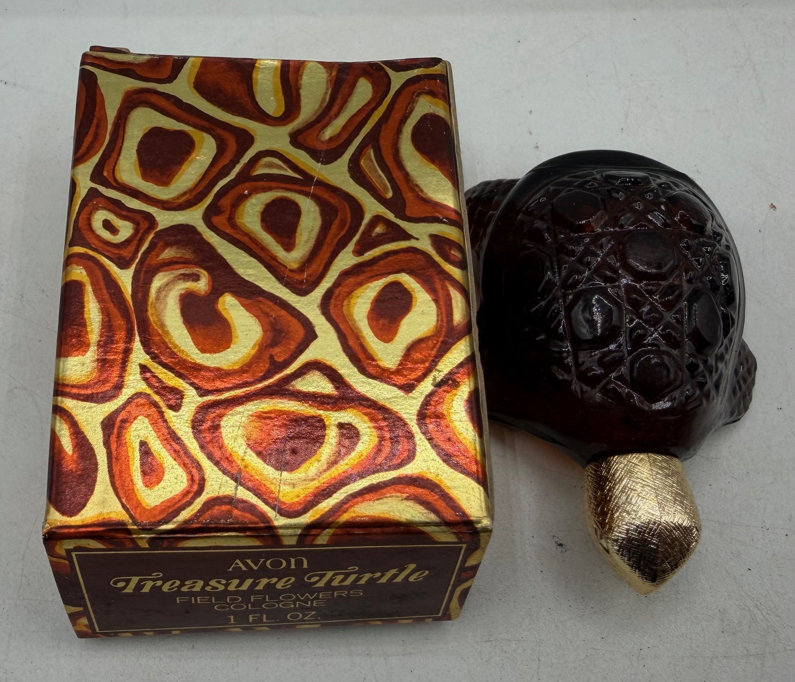Vintage Avon Treasure Turtle Field Flowers Cologne 1 oz Full Bottle Box 1960s