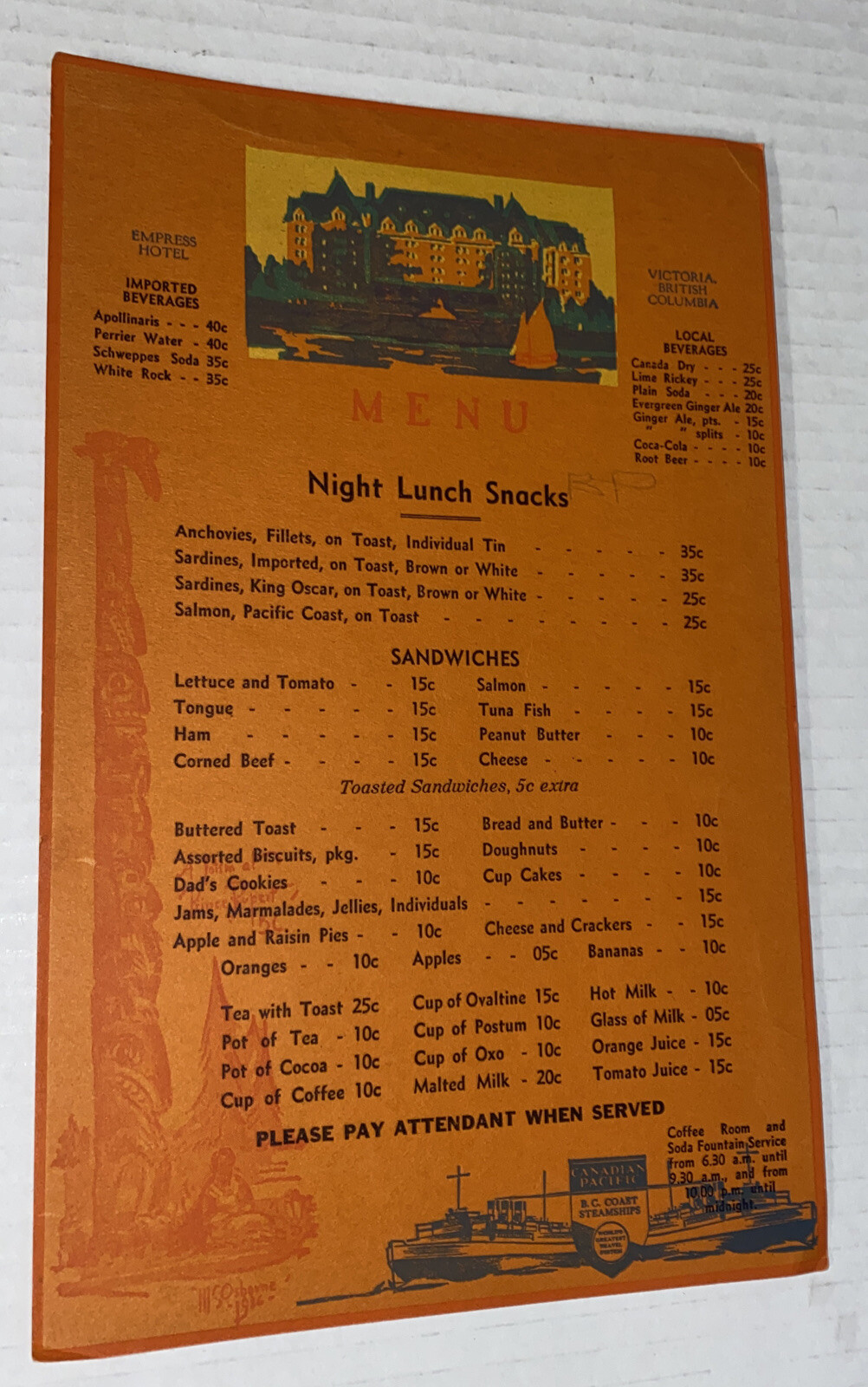 Empress Hotel Victoria British Columbia B.C. Vintage Menu Canadian Pacific Prop