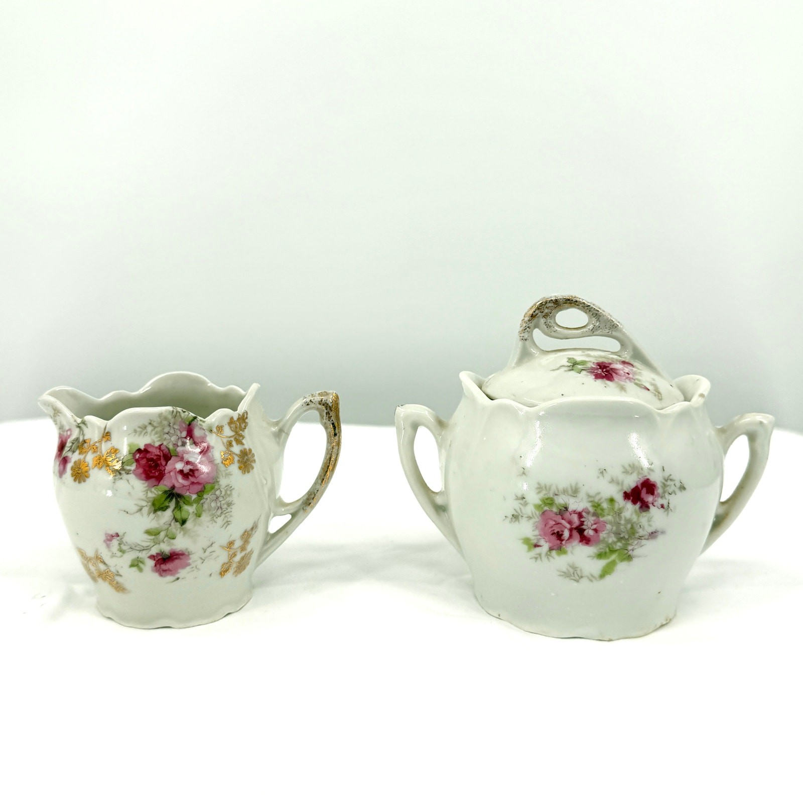 Vintage 1900s White Pink Porcelain Gilded Floral Scalloped Creamer Sugar Set